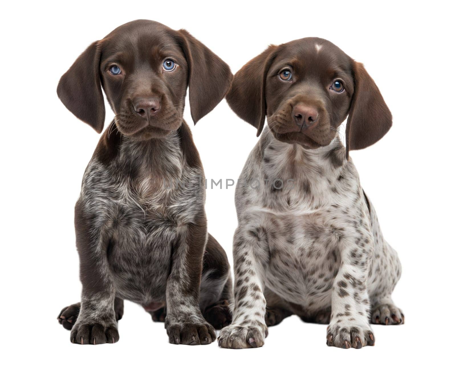 German Shorthaired Pointer puppies isolated on white background. Kurzhaar puppies sitting and looking at camera on white. Ai generated image