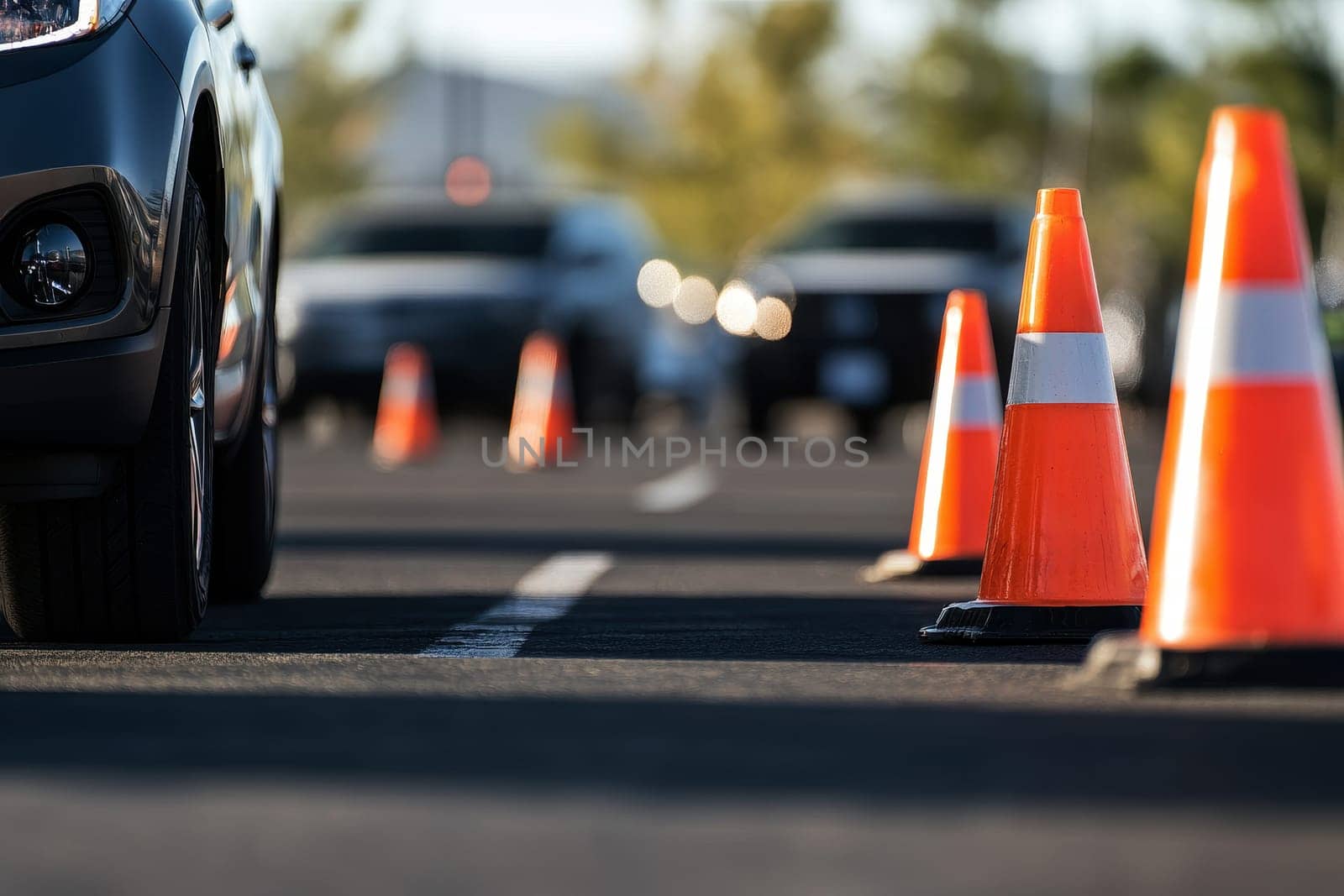 Outdoor test-driving event in a parking lot, close-up of a vehicle with no visible branding, safety cones marking the test route. Leave space at the top for a title in the image. --ar 3:2 --v 6.1 Job ID: d2d74d50-0cfd-4da0-b137-6c28640db57c