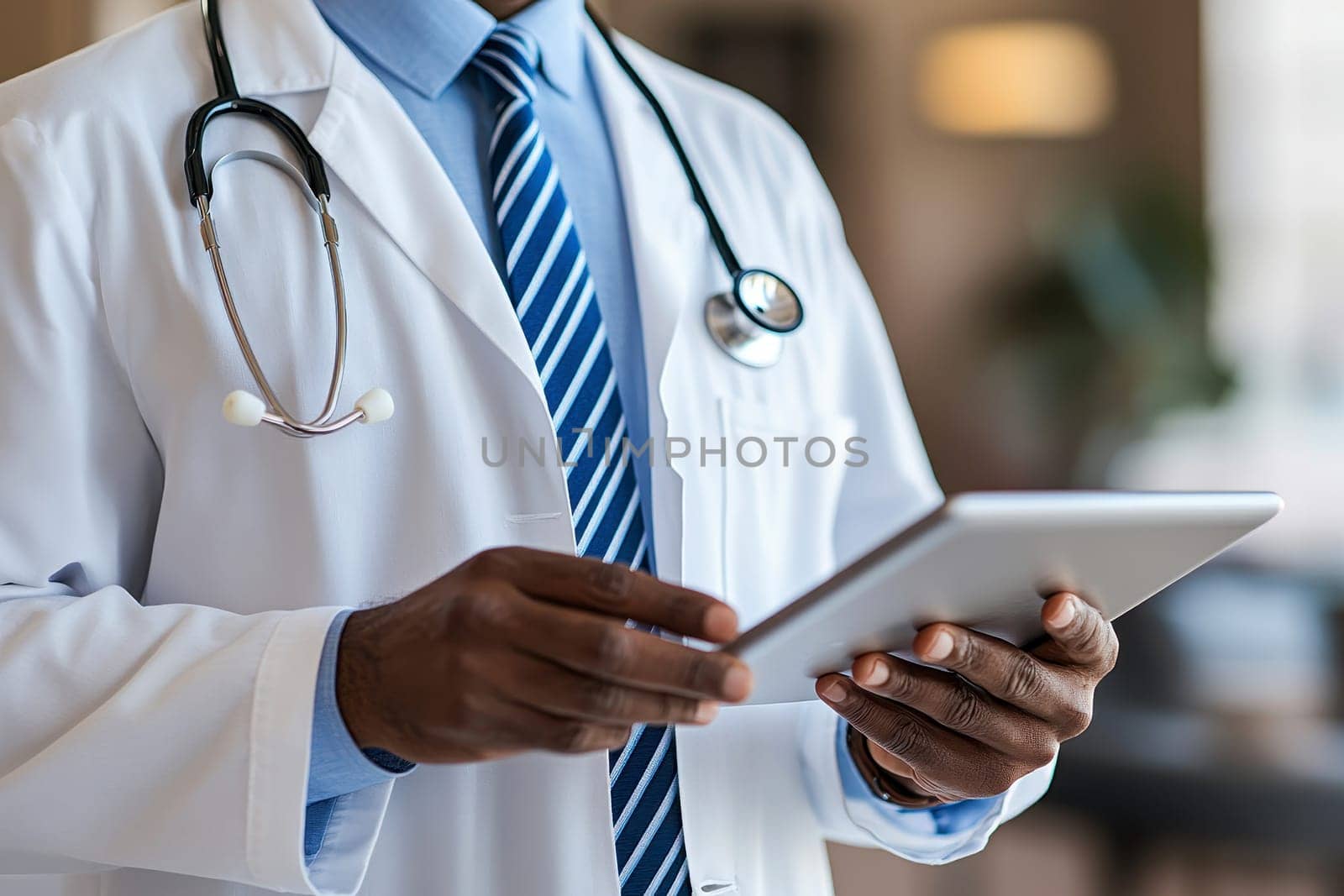 A doctor in a white coat with a stethoscope around his neck holding a tablet..