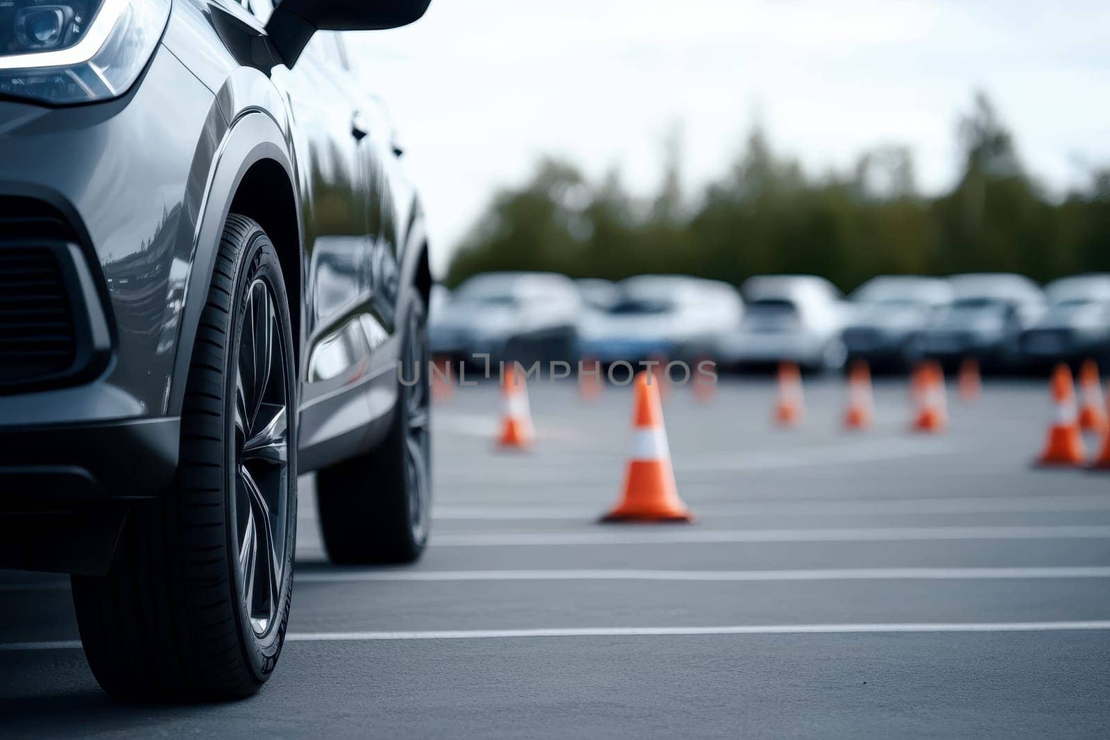 Car with Traffic cones in driving school, driving school concept, Copy space of transportation.