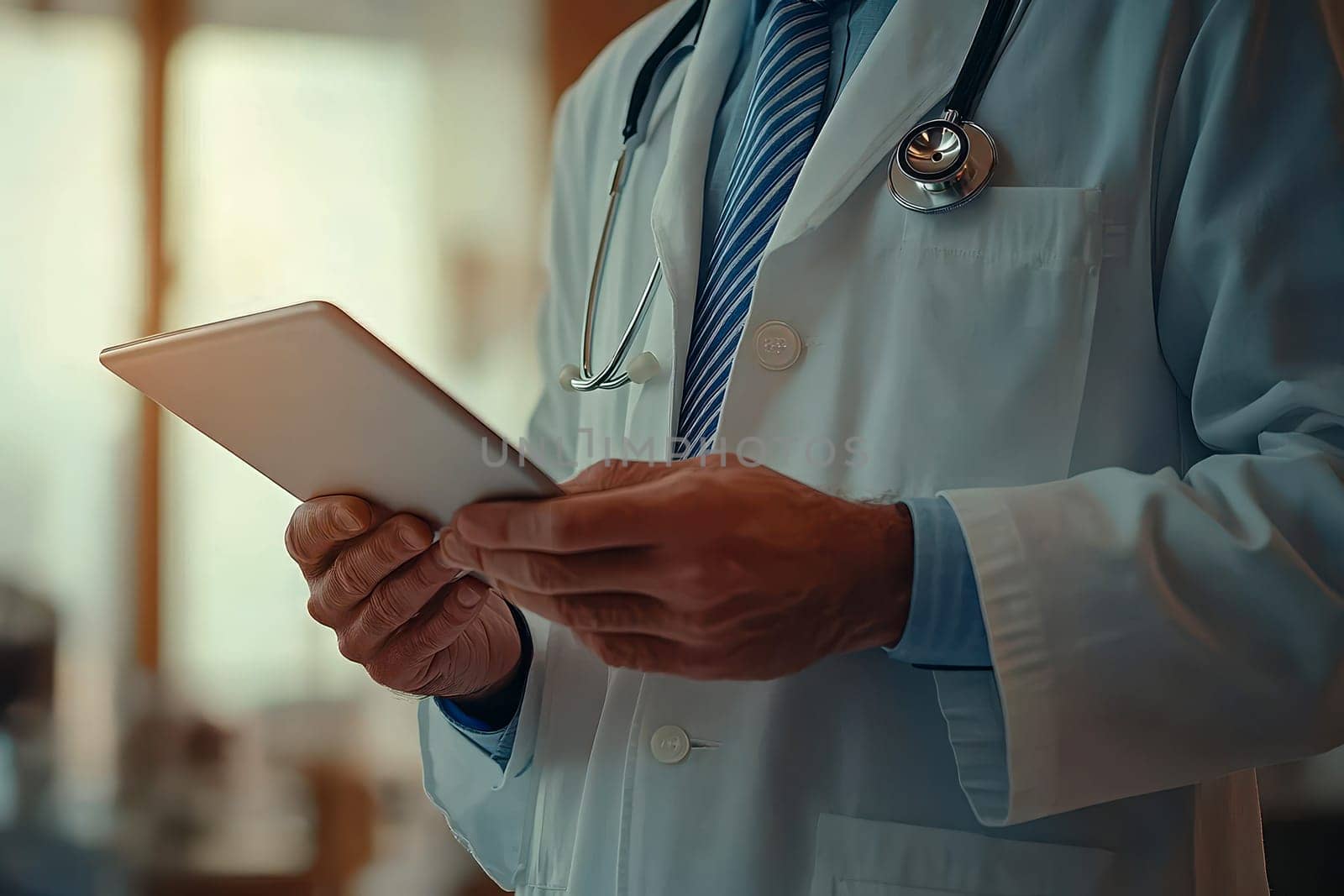 A doctor in a white coat with a stethoscope around his neck holding a tablet..