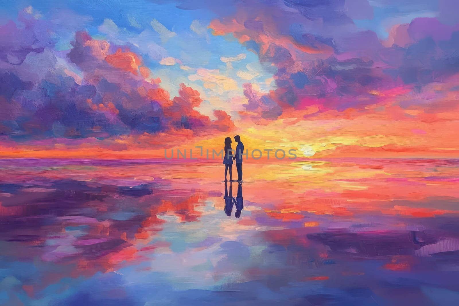 oil paint of couple on the beach at sunset, love valentine concept..