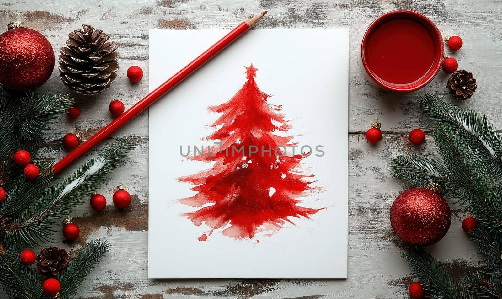 Watercolor red Christmas tree on sheet of paper. Selective focus.
