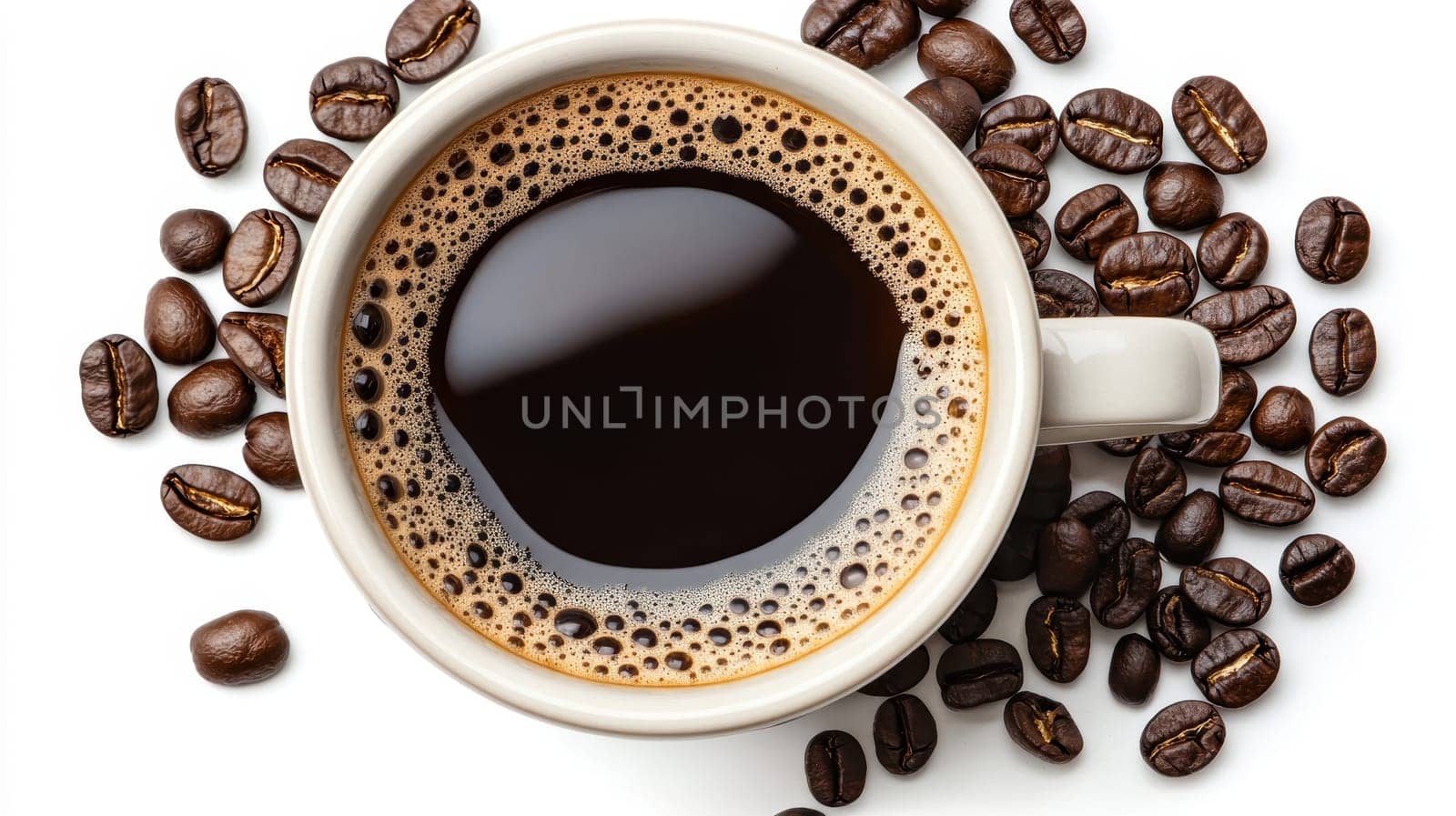 A simple and elegant scene featuring a white coffee cup with black coffee, placed on a concrete surface with roasted coffee beans spread around it.