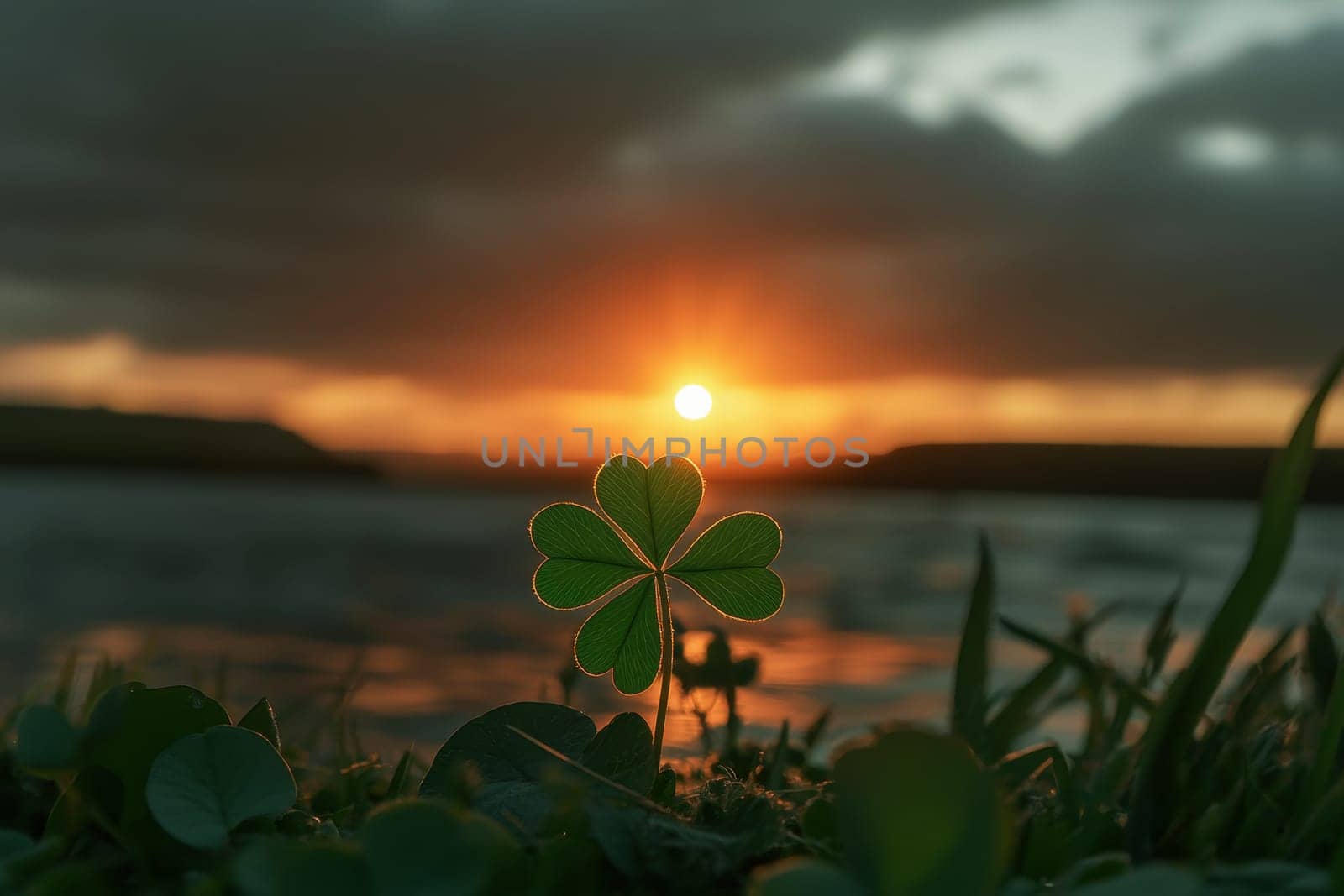 st patricks day four leaf clover close up with evening sunset in background --ar 3:2 --v 6.1 Job ID: 83b0dbe7-3069-4ecf-940f-1aee22a3bad7