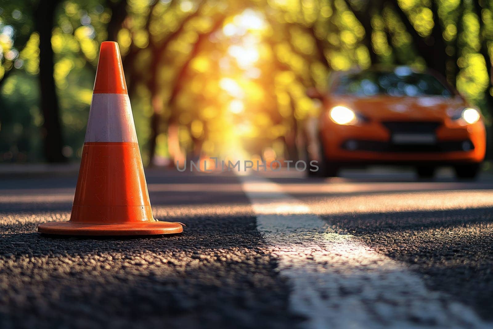 A red car is driving with Orange traffic cone on road surface, blurred trees. Safety concept..