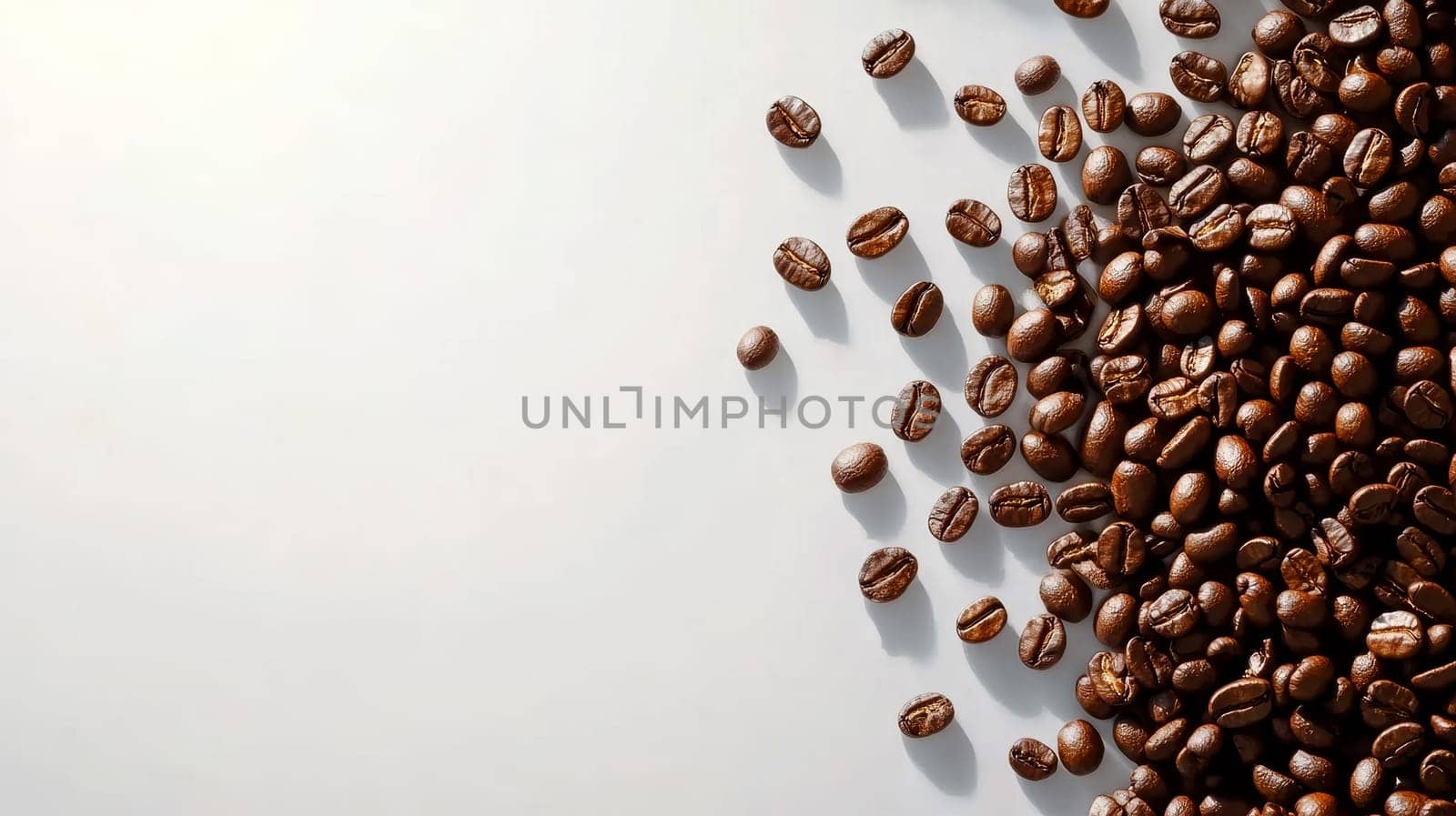 Brown coffee beans are spread across a plain white background.