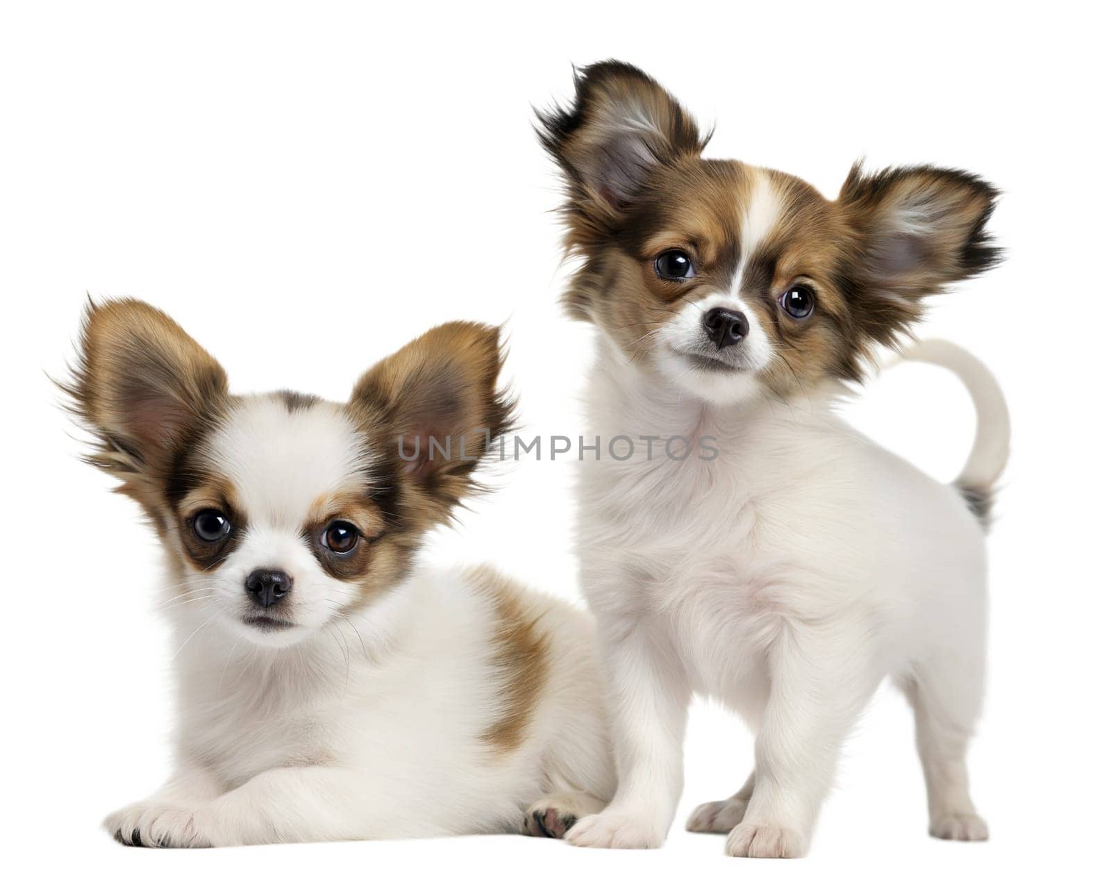 Papillon Chihuahua mix breed puppy isolated on white background. Papillon Chihuahua puppy sitting and looking at camera on white background. Ai generated image