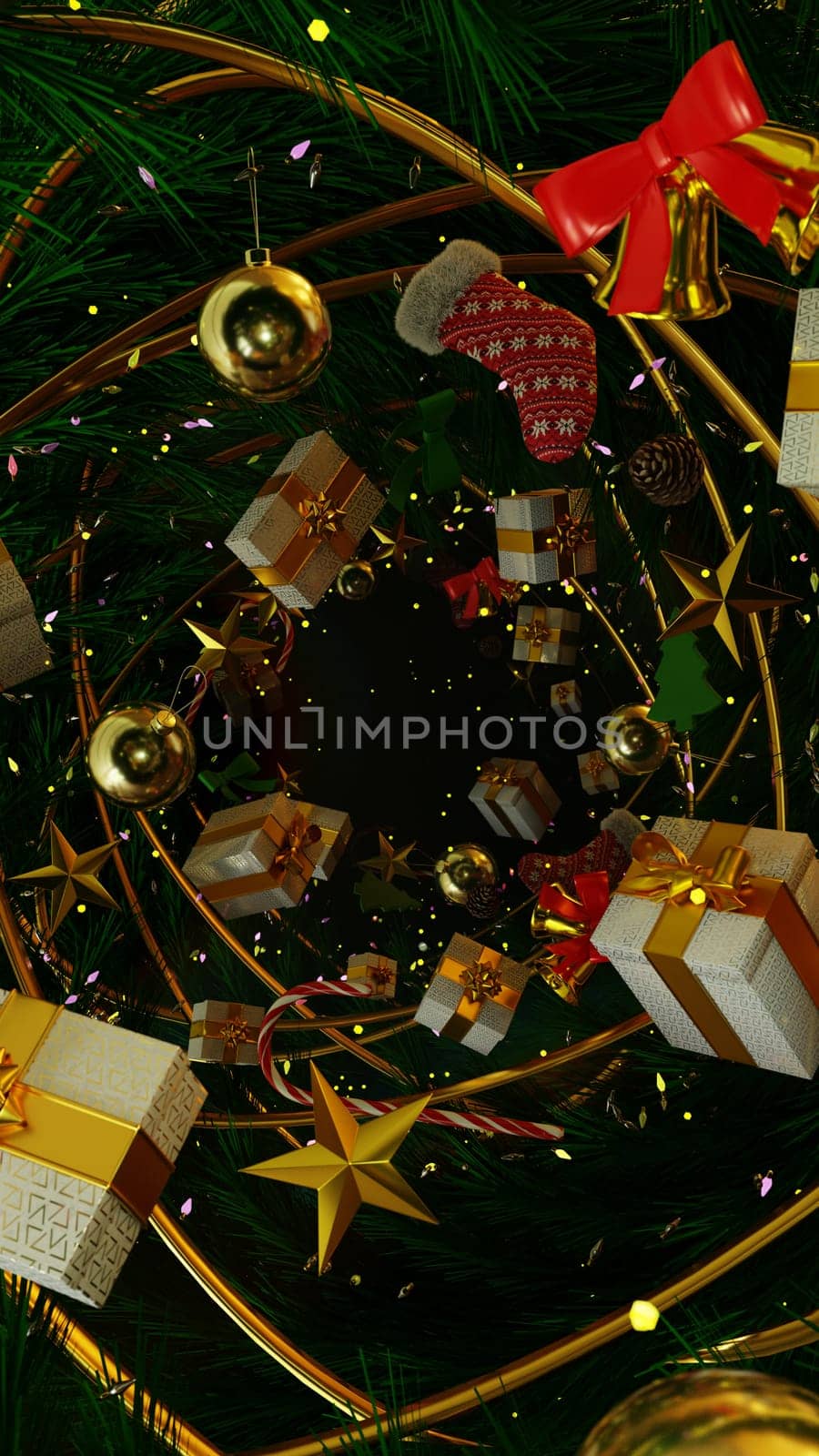 Celebrating In Christmas Tree, 3D illustration Background for advertising and wallpaper in festival  and Christmas scene. 3D rendering in decorative concept.