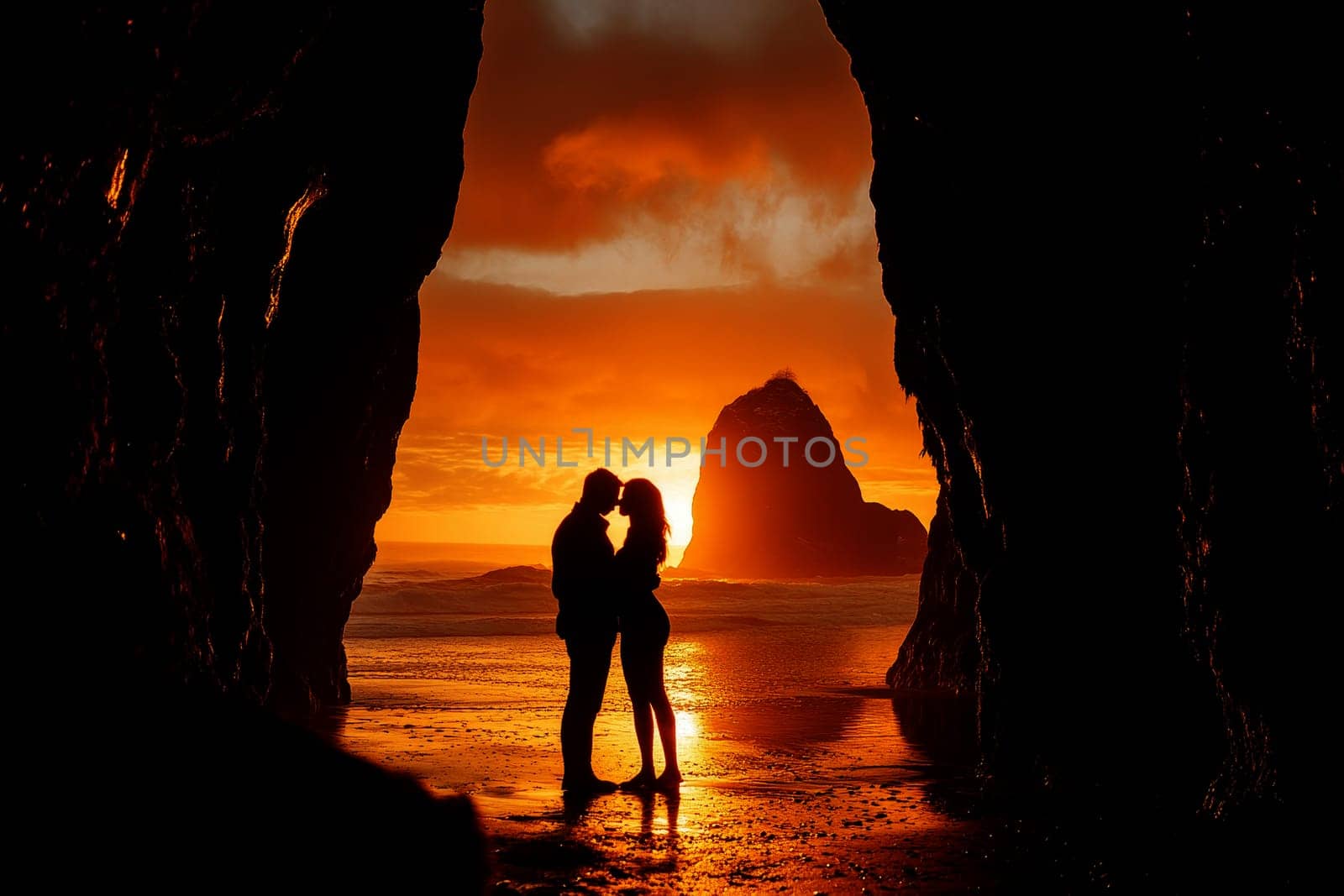A couple standing in a beaut beach, holding each other close as the sun sets in the background., silhouette --ar 3:2 --v 6.1 Job ID: 05bb210b-1cf6-4377-b726-1dbe3e62dc05
