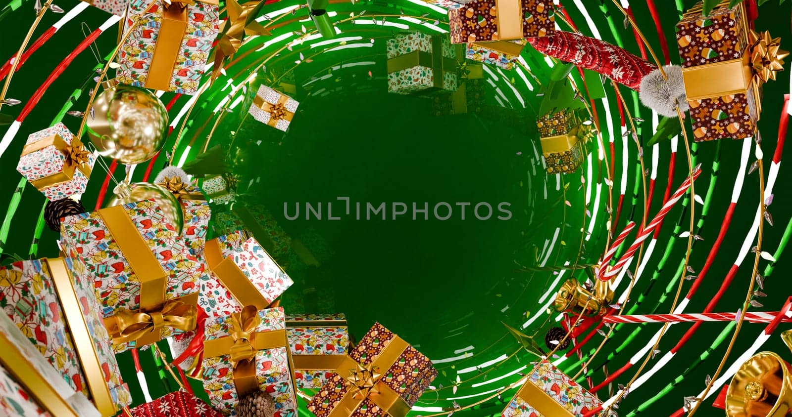 In Christmas Box Gift Box, 3D illustration Background for advertising and wallpaper in festival  and Christmas scene. 3D rendering in decorative concept.