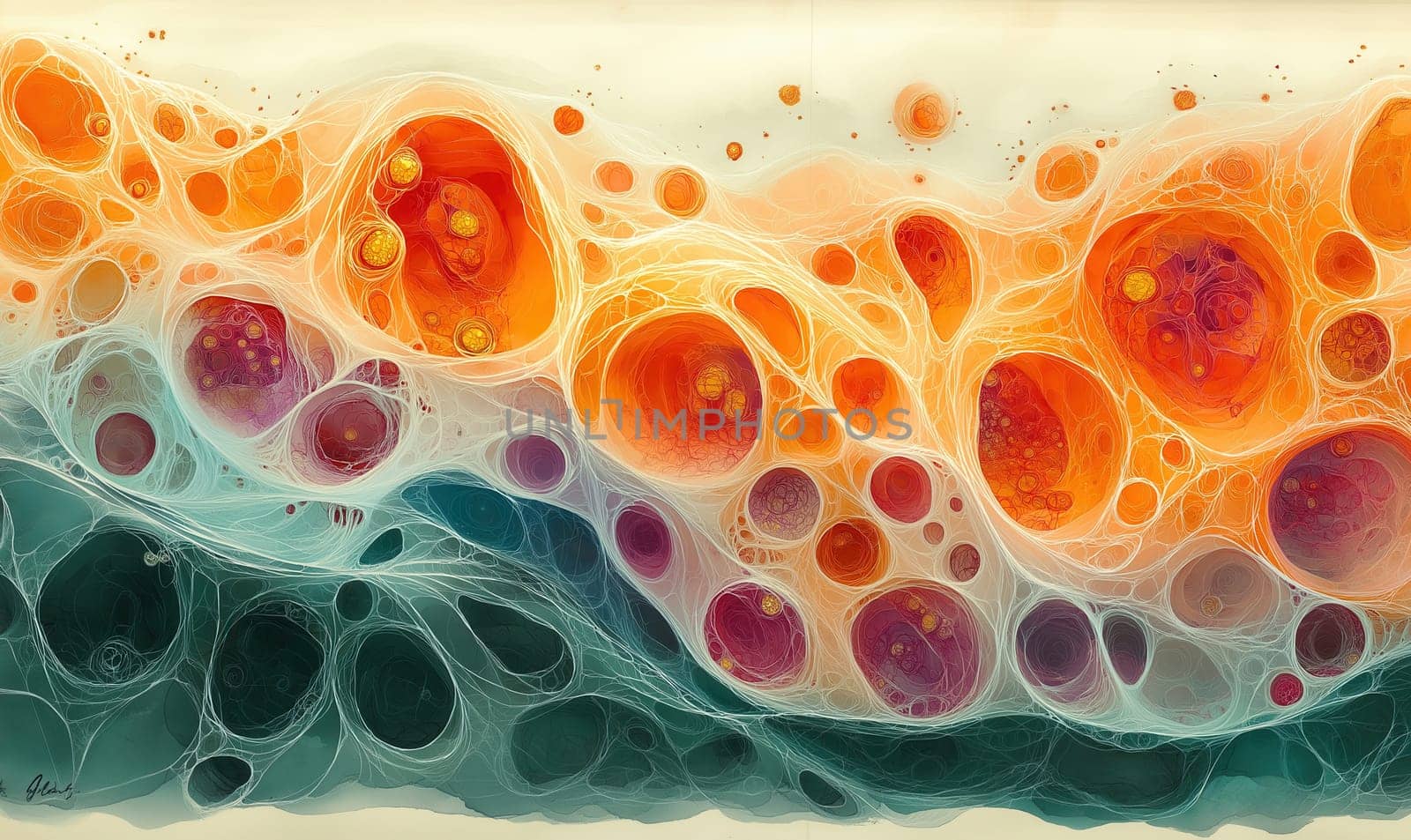 Watercolor background, various cells showcasing intricate details. Selective focus.