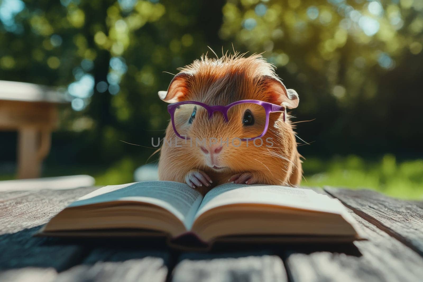 Guinea pig with glasses reading a book outdoors. High quality photo