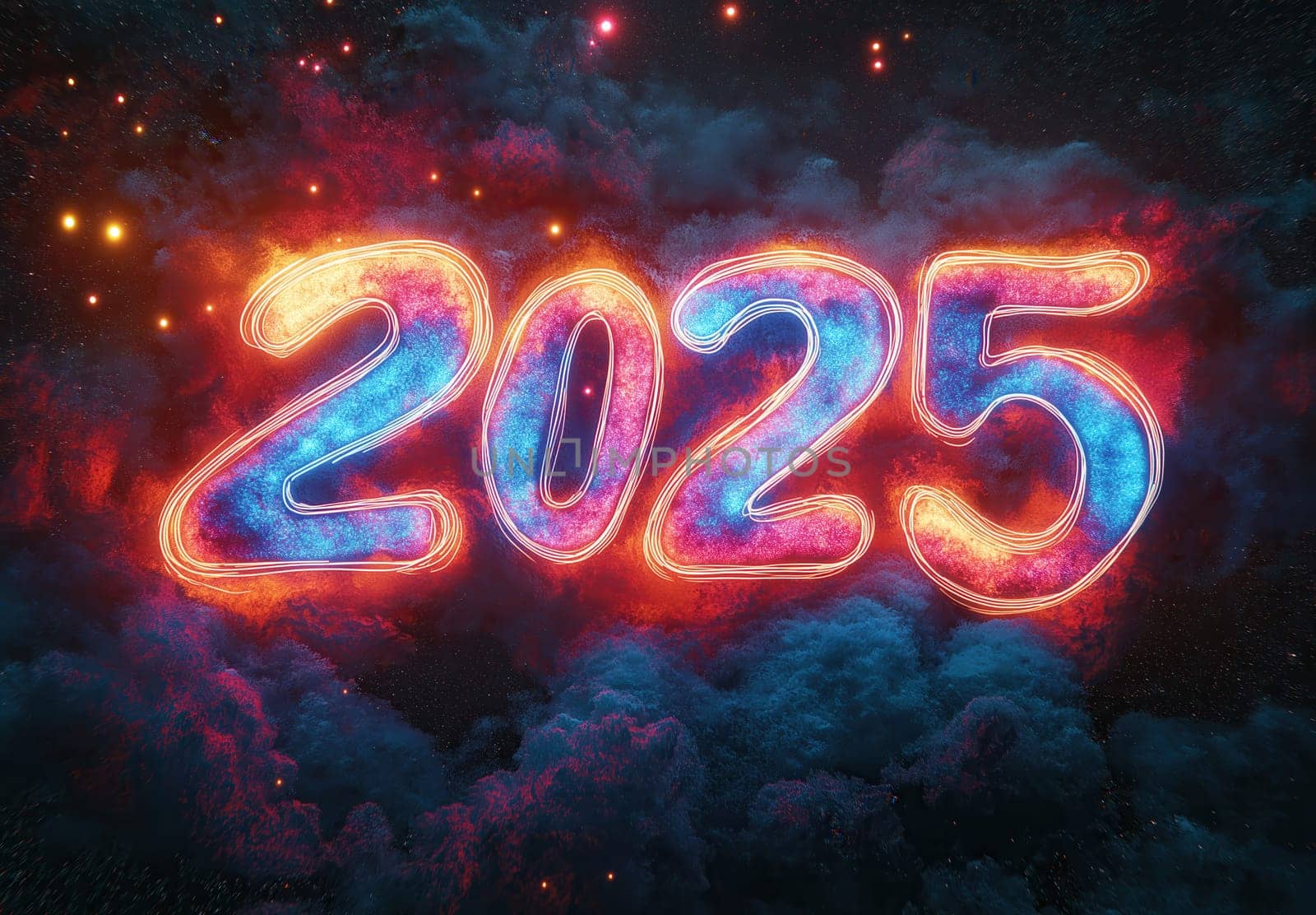 The text 2025 on an abstract dark background. Selective focus.