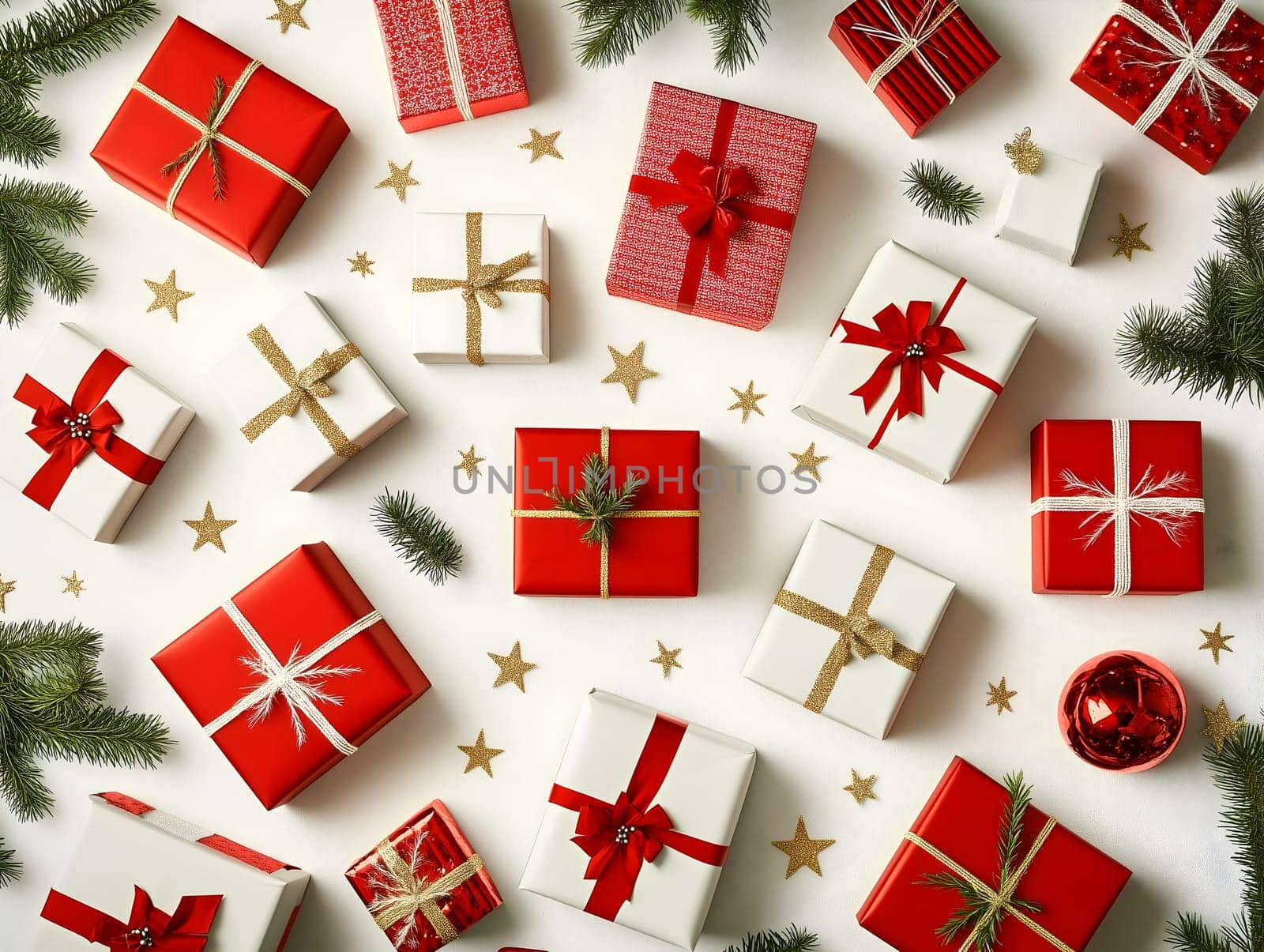 A flat lay of neatly wrapped Christmas presents in red and white with gold and red ribbons, surrounded by golden stars, pine branches, and a shiny Christmas ball, creating a festive holiday setting.