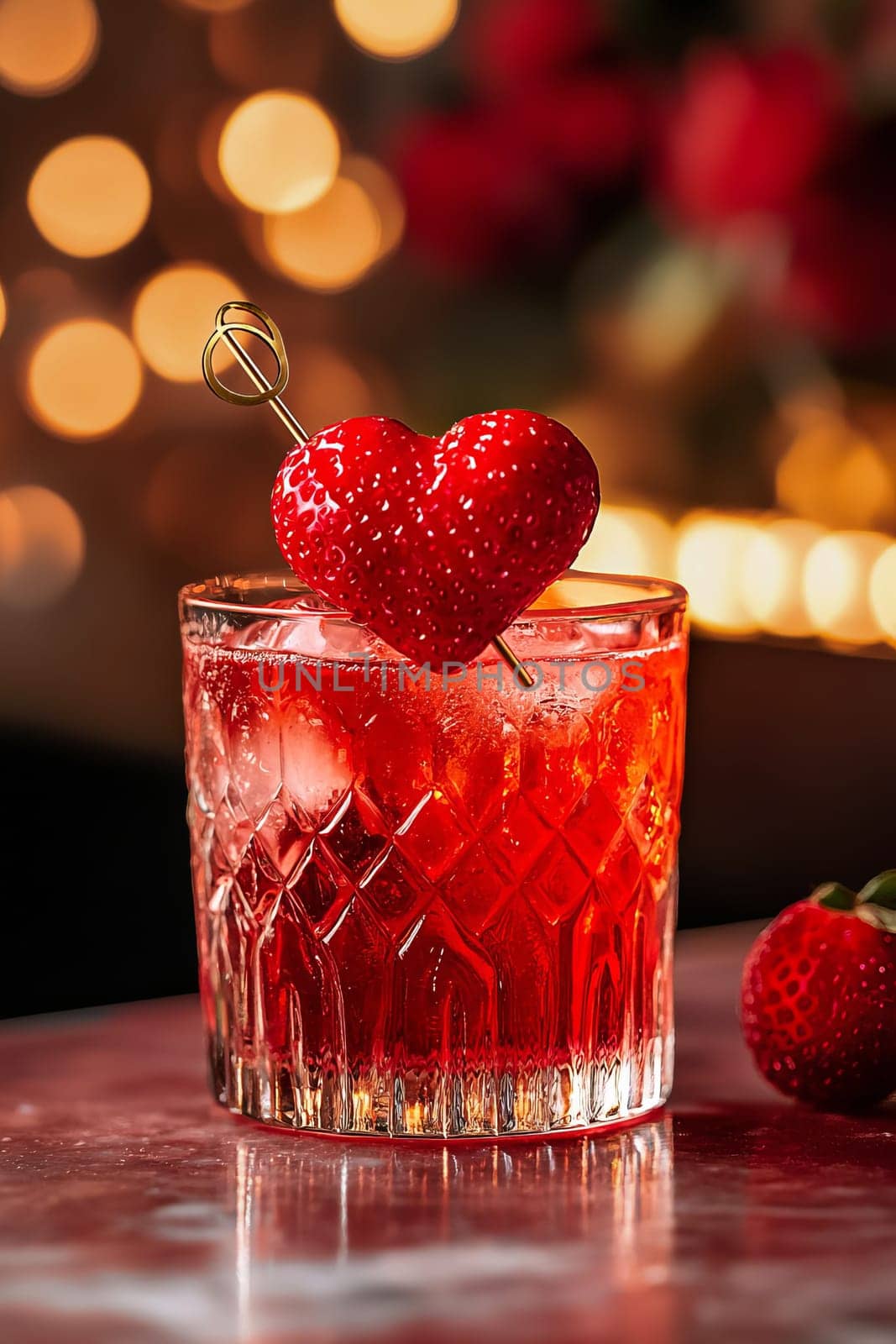 A charming Valentine's Day cocktail with bright red shades, decorated with a slice of strawberry in the shape of a heart.