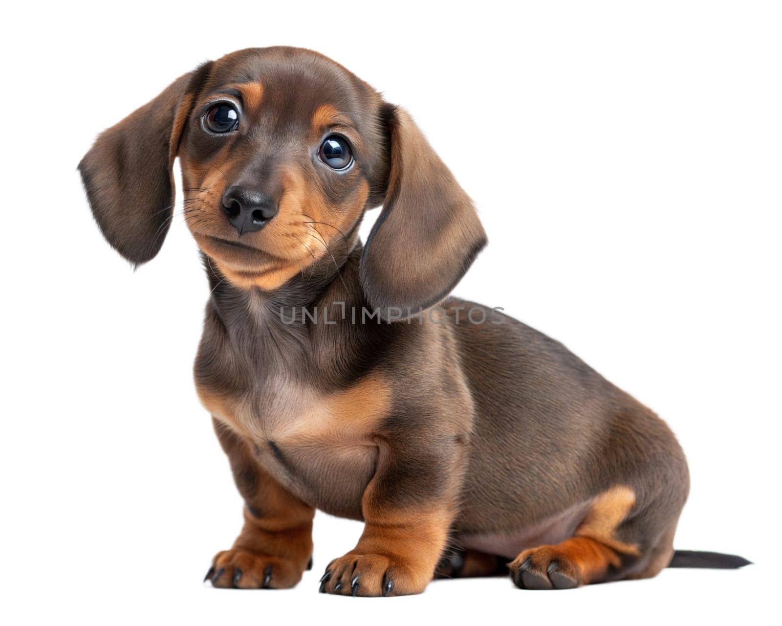Smooth hair dachshund puppy isolated on white background. Smooth hair dachshund sitting and looking at camera on white background. Ai generated image
