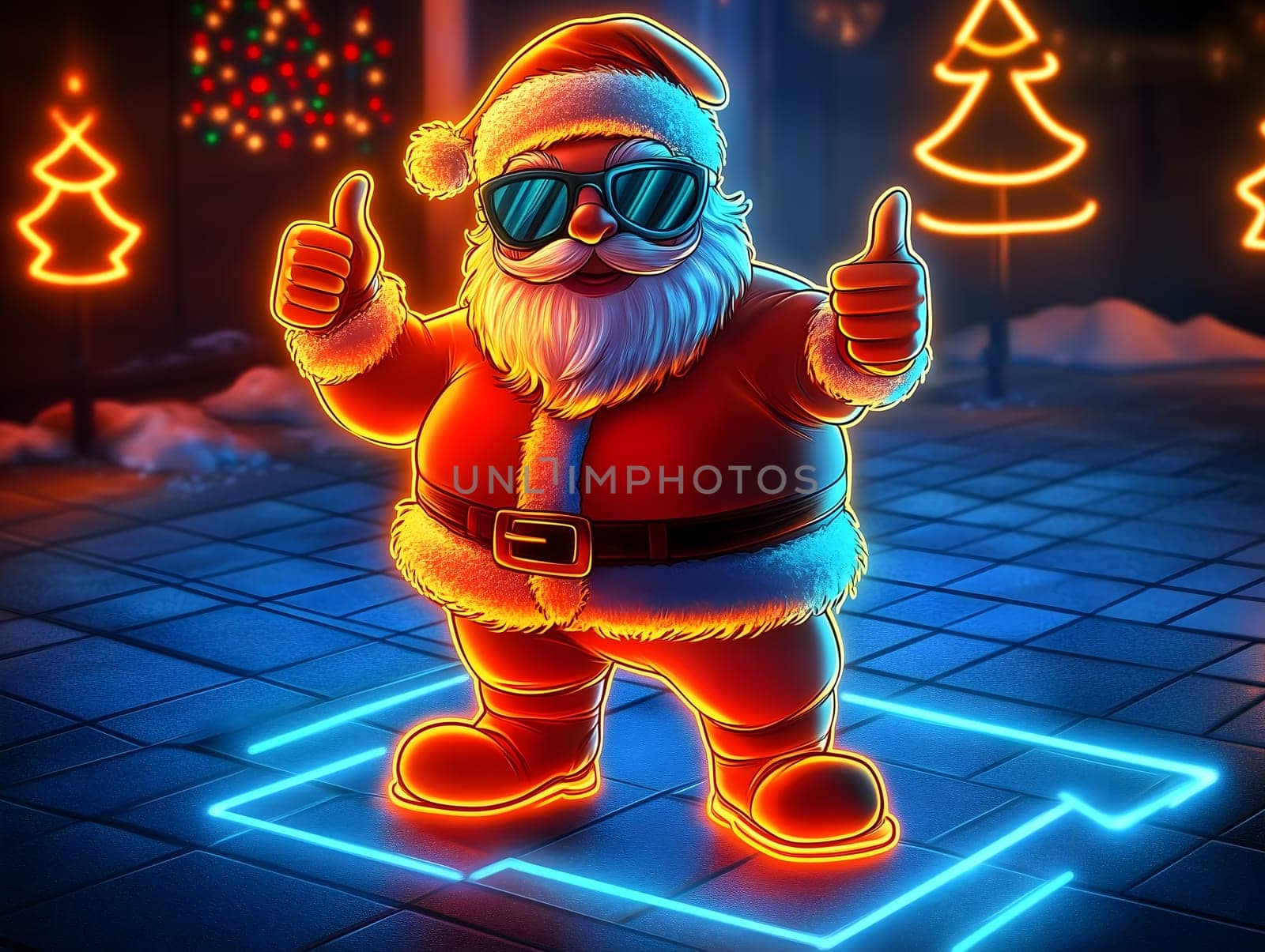 A digital art rendering of a glowing Santa Claus in neon style, wearing sunglasses and giving a thumbs-up gesture. The background features glowing Christmas trees, creating a modern, festive holiday scene.