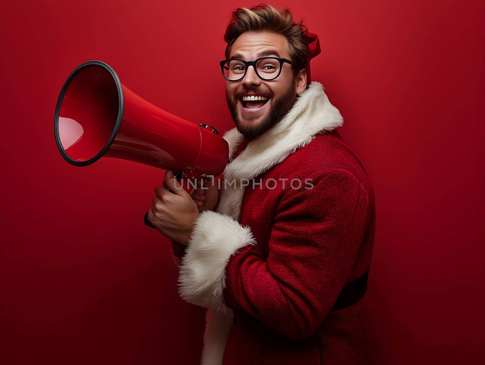 A man dressed in a Santa suit and glasses, holding a red megaphone and smiling joyfully. The background is a vibrant red, creating a festive and fun holiday atmosphere, perfect for Christmas promotions.