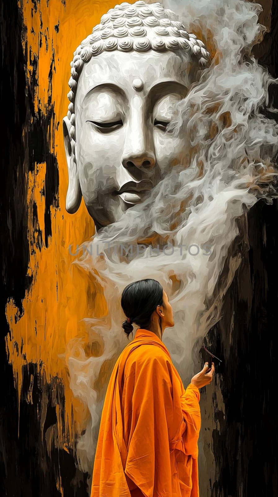 Buddhist nun in an orange robe is burning incense under a large buddha statue with smoke swirling around them. The background is an abstract painting in black and orange