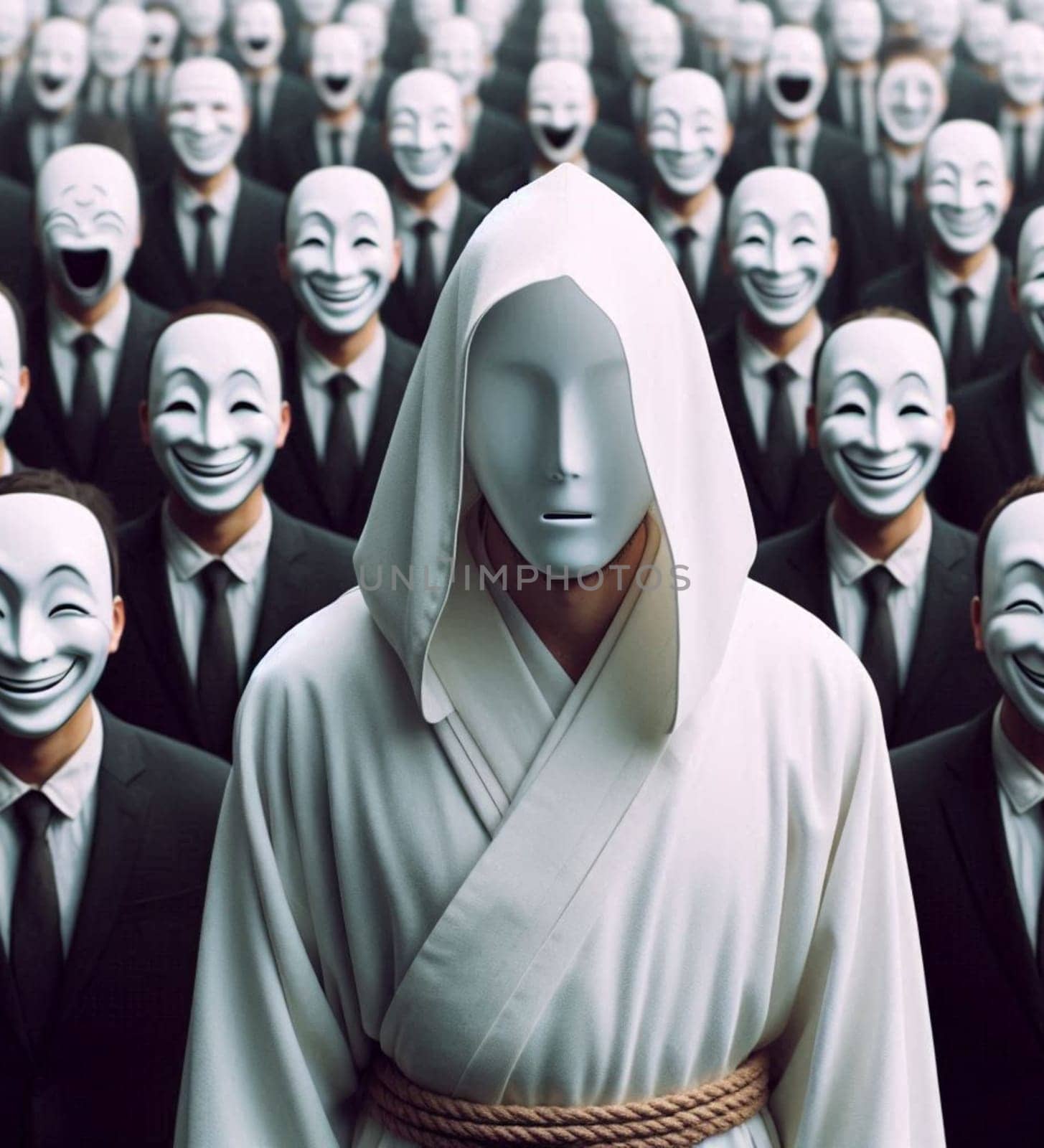 A man in a white robe stands in front of a crowd of people wearing masks. The image has a mysterious and eerie mood