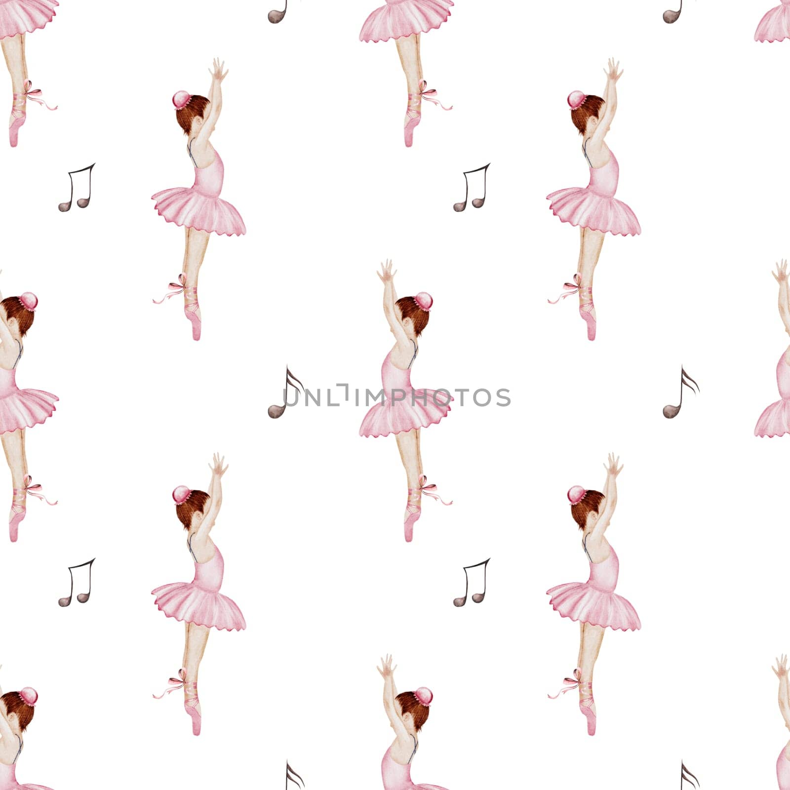 Ballet watercolor pattern. Little ballerina.Hand drawn seamless incredible girl dancer in pink tutu skirt with musical notes. Clip art on isolated white background of cute ballet beauty.Ideal for baby textiles