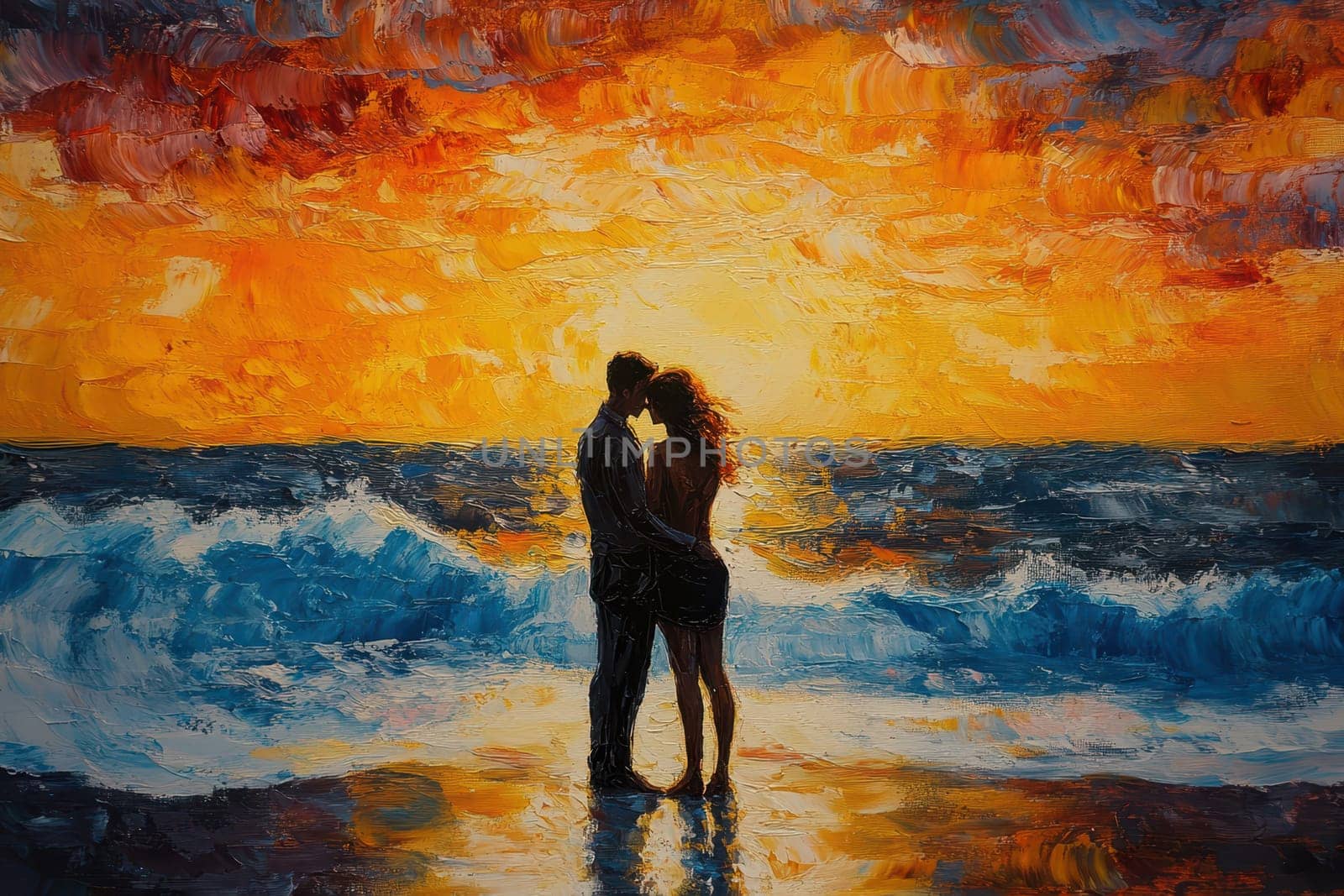 oil paint of couple on the beach at sunset, love valentine concept..