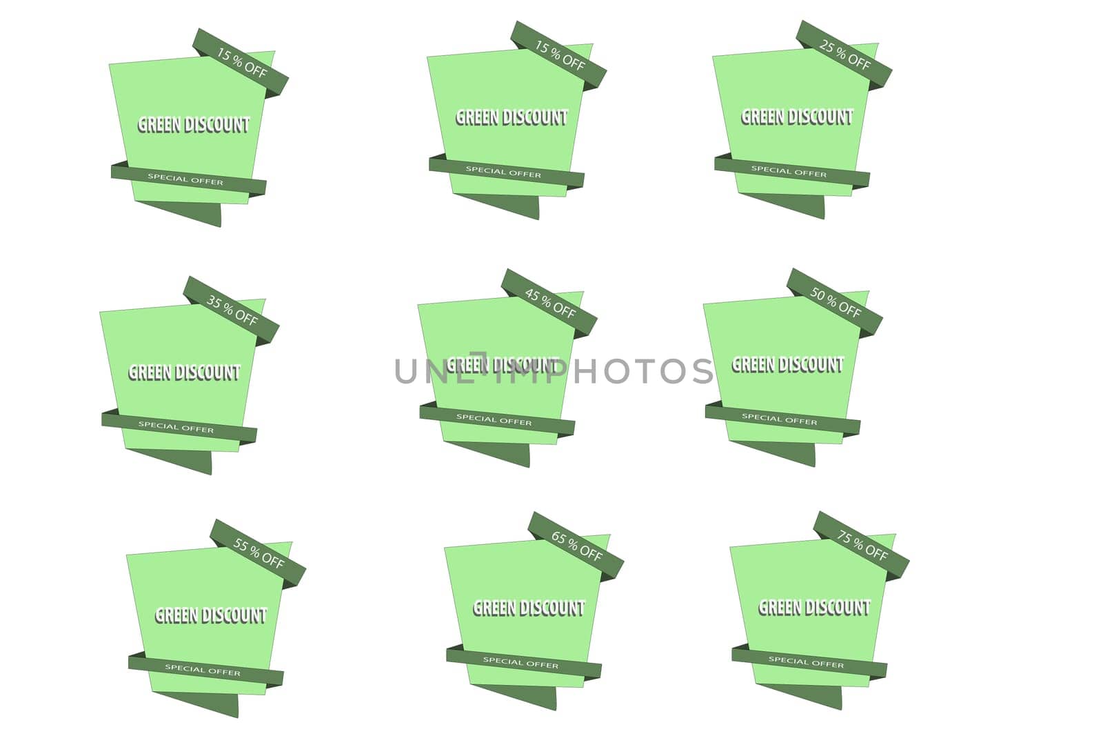 Collection of green discount tags showcasing different percentage off offers, perfect for promotions and special deals. Ideal for retail sales and marketing campaigns to boost sales.
