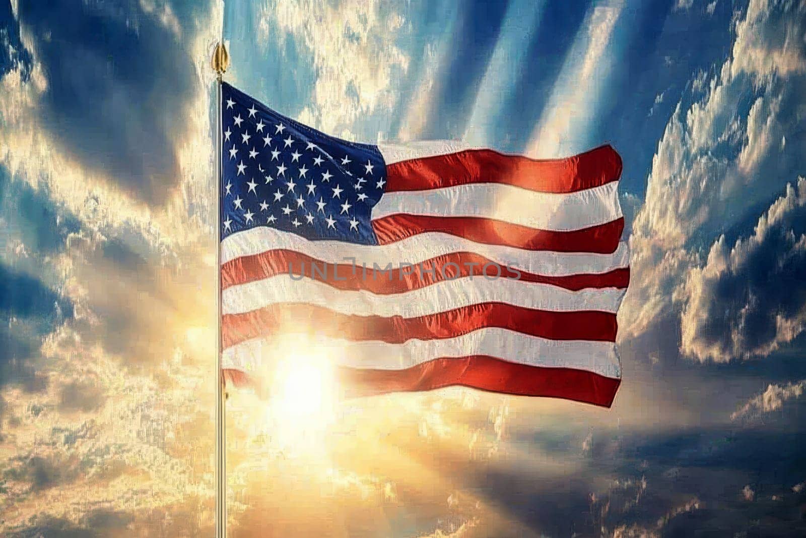 The American flag waving in the wind with a beautiful sunset in the background. Perfect for patriotic or political projects.