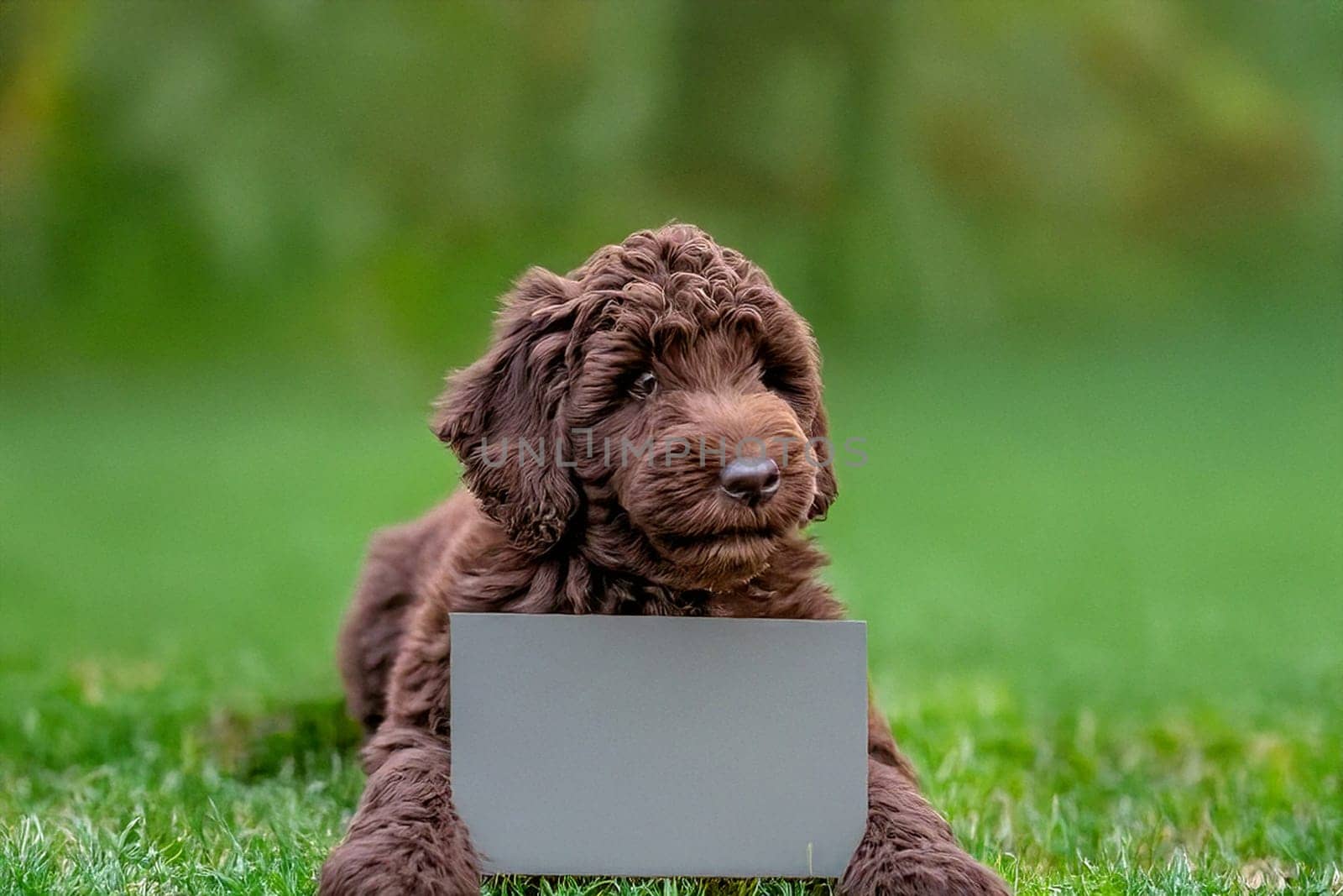 ai generated ,Cute baby labradoodle holds a blank sign against a vibrant, colorful background. Ideal for various concepts like messages, advertising, or humor.