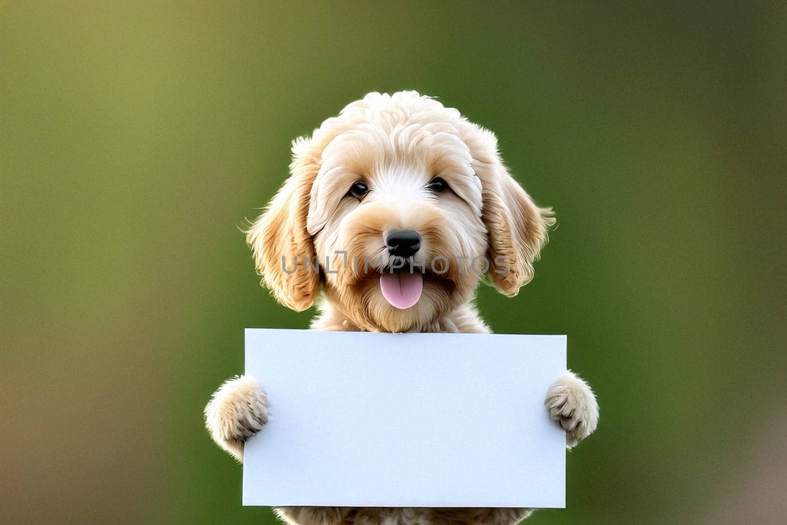 ai generated ,Cute blonde baby labradoodle holds a blank sign against a vibrant, colorful background. Ideal for various concepts like messages, advertising, or humor.