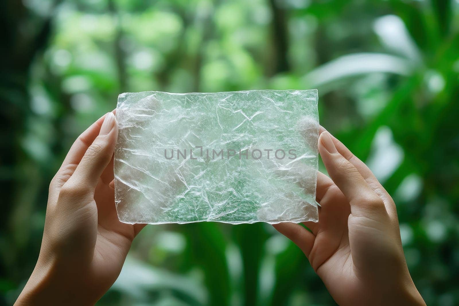 A person is holding a piece of plastic that is shaped like a square. The plastic is clear and has a frosty appearance. The person is holding the plastic in their hands, and it is a unique