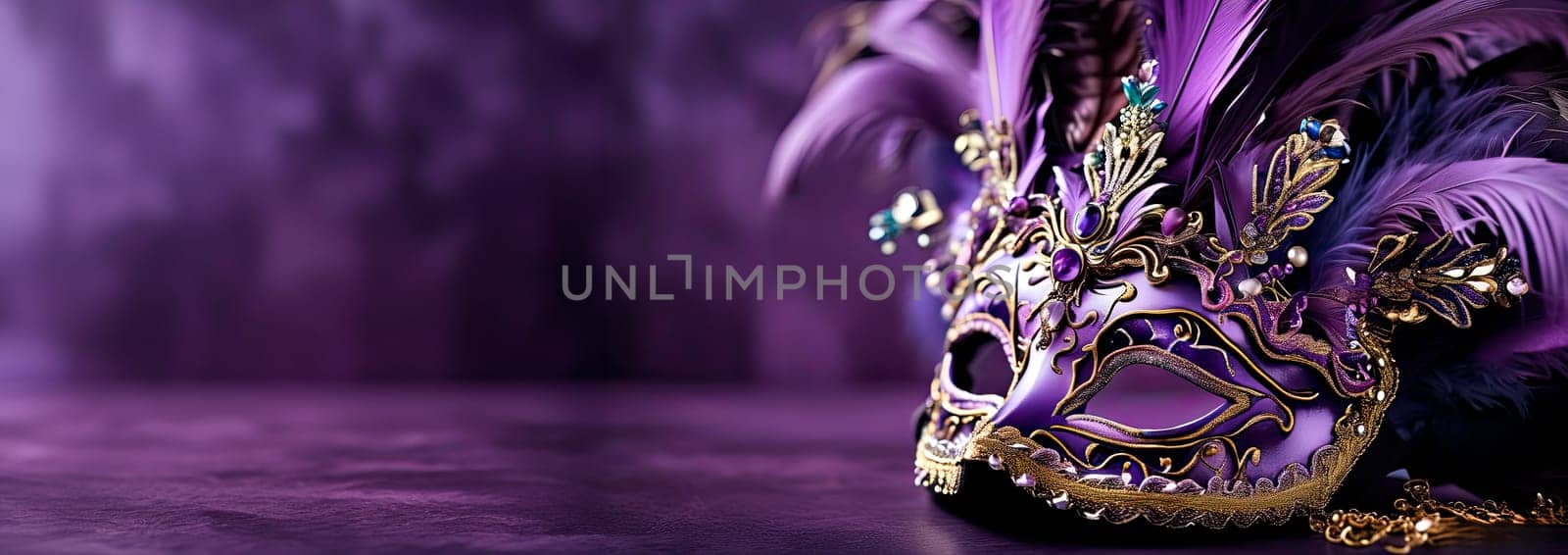 Horizontal banner for tourist promotions of the Venice Carnival. . Carnival masquerade ball. AI generated . Copy space.Venetian eyemask fancy embellished with jewels.