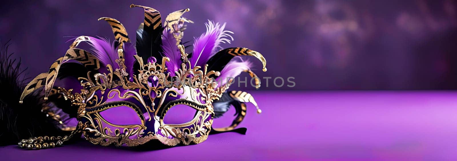 Horizontal banner for tourist promotions of the Venice Carnival. Luxury mask adorned with feathers and jewels. Carnival masquerade ball. AI generated . Copy space