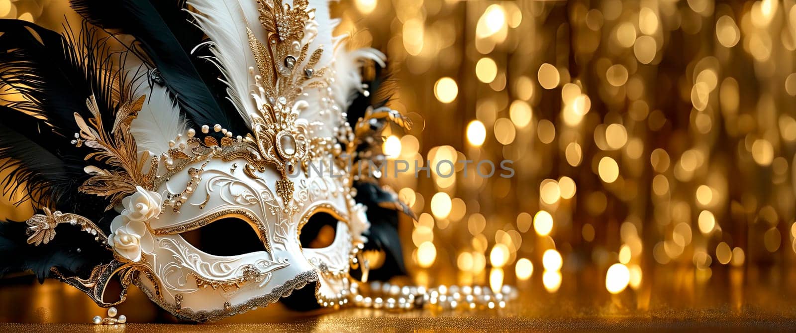 Venice Carnival background images for tourist promotions. Luxury mask adorned with jewels. Carnival masquerade ball. Copy space