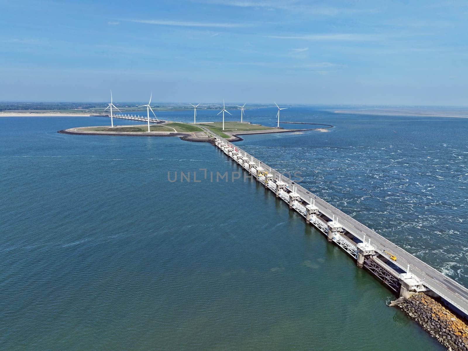 Aerial from deltaworks Neeltje Jans with the Easter Scheldt flood barrier in Zeeland the Netherlands