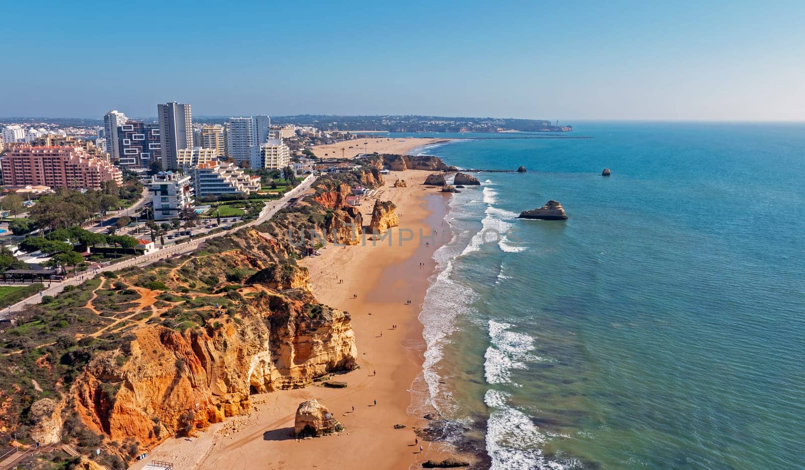 Aerial from Priaia da Rocha near Portimao in the Algarve Portugal