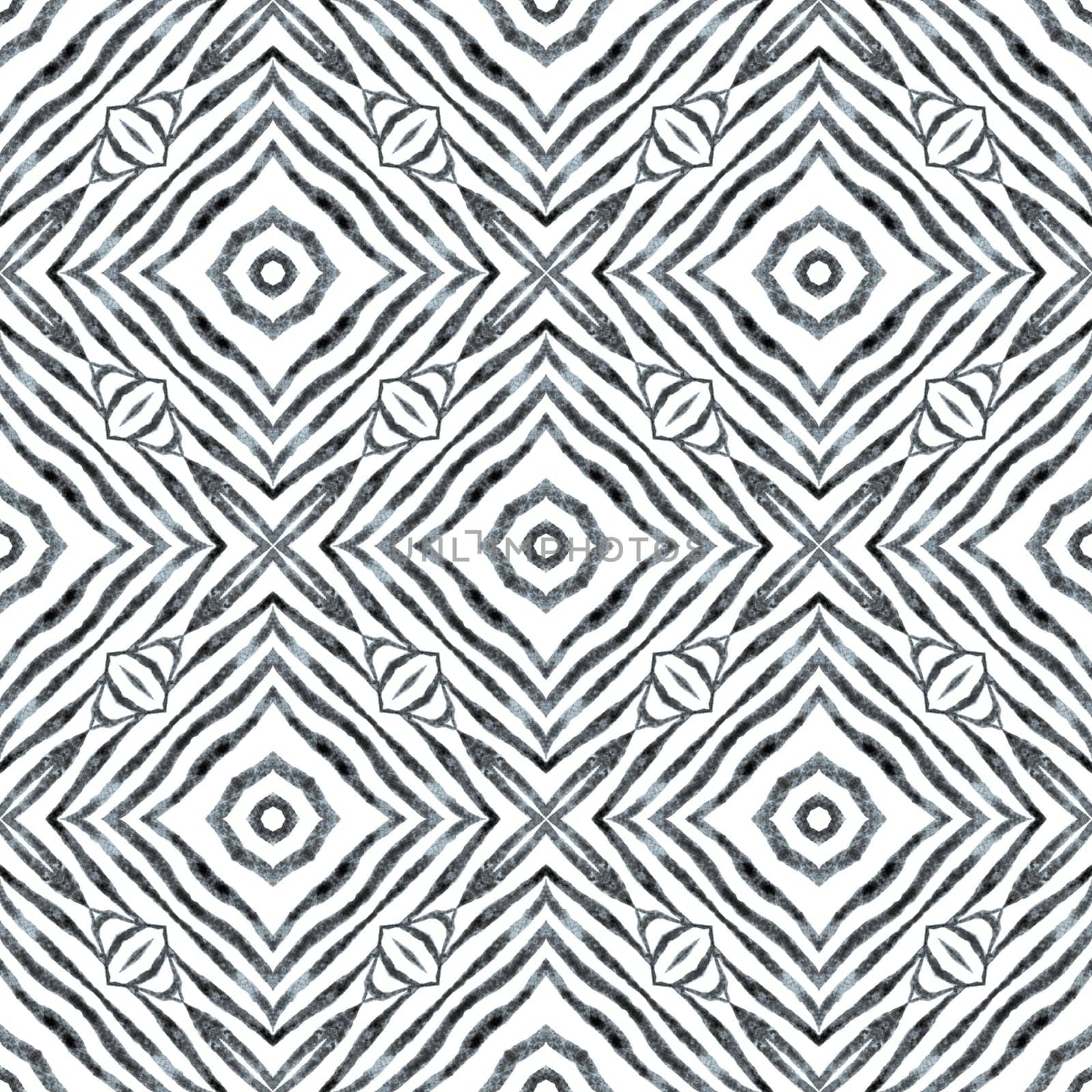 Textile ready outstanding print, swimwear fabric, wallpaper, wrapping. Black and white fantastic boho chic summer design. Hand drawn green mosaic seamless border. Mosaic seamless pattern.