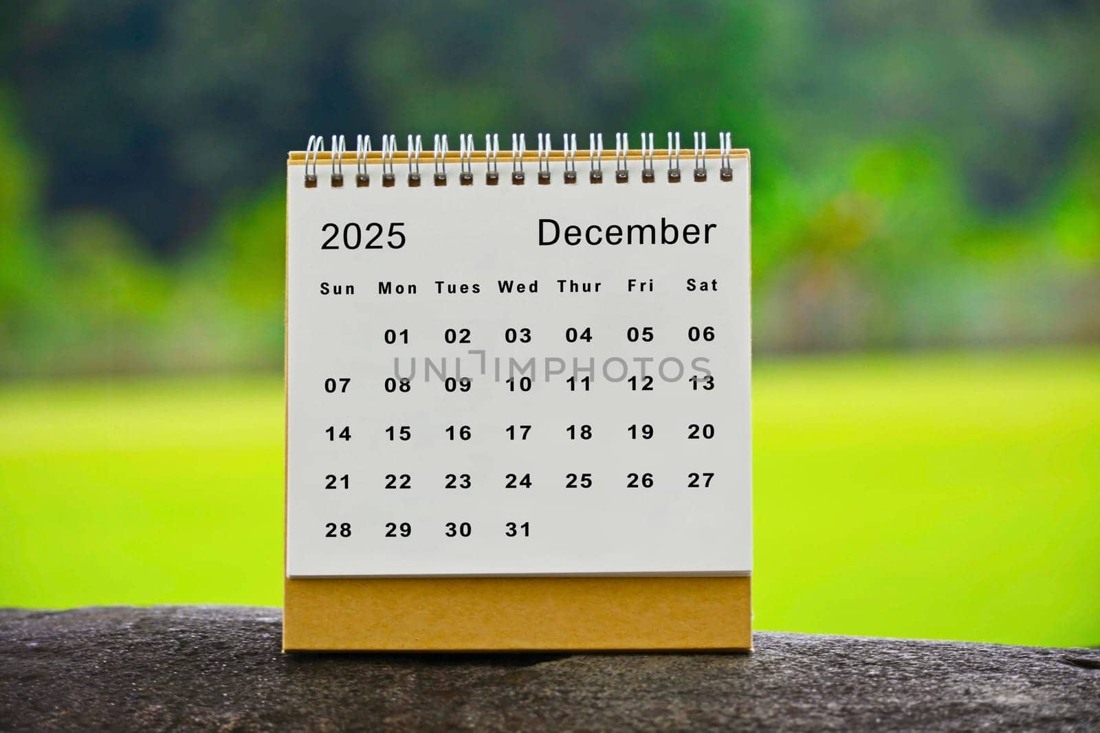 December 2025 white calendar with green blurred background.