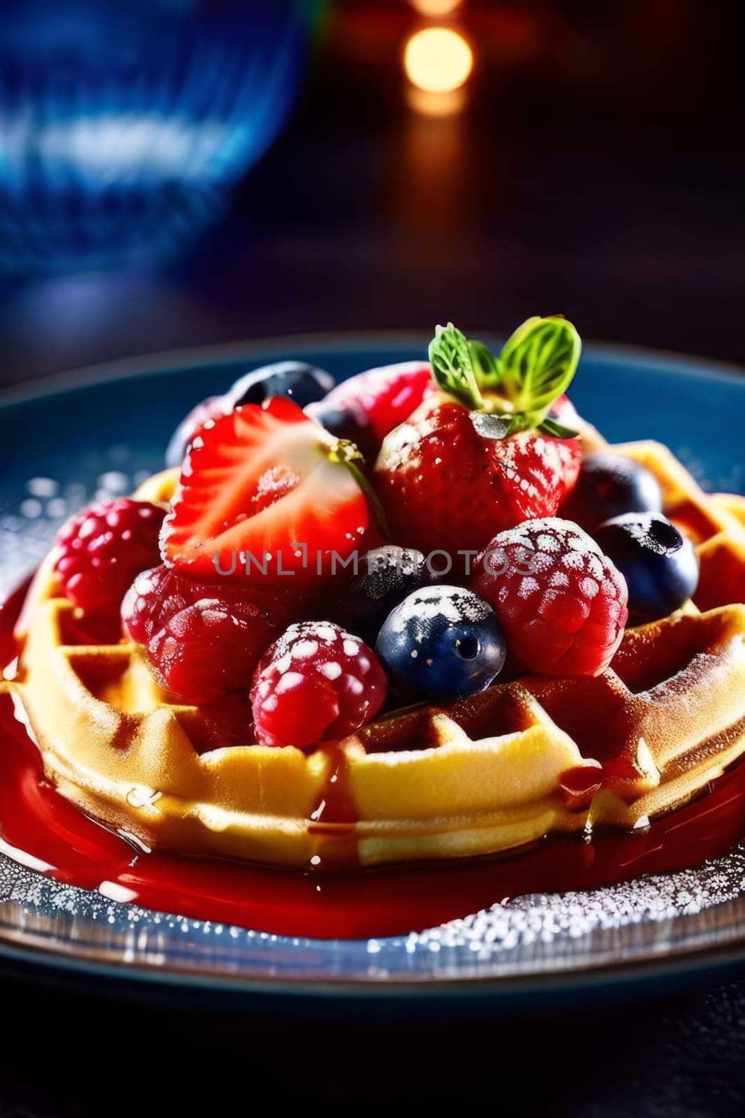 Delicious waffles topped with fresh strawberries, blueberries, and raspberries. Drizzled with sweet syrup, garnished with mint leaves. Perfect for breakfast or dessert lovers