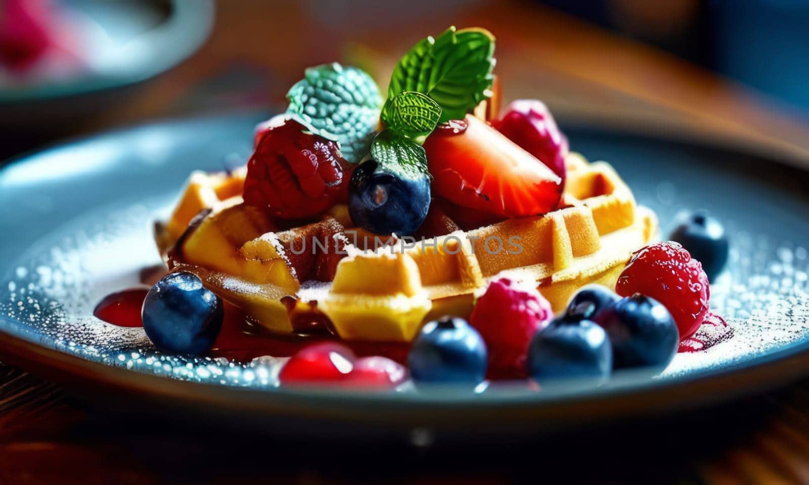 Mouthwatering waffles served with vibrant mixed berries. Rich syrup pools around fluffy texture, creating an inviting and colorful dish. Ideal for food blogs and restaurant menus