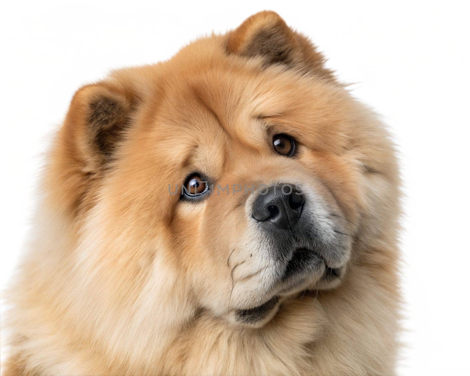 Furry chow chow portrait looking at camera isolated on white background. Chow chow headshot on white background. Ai generated image