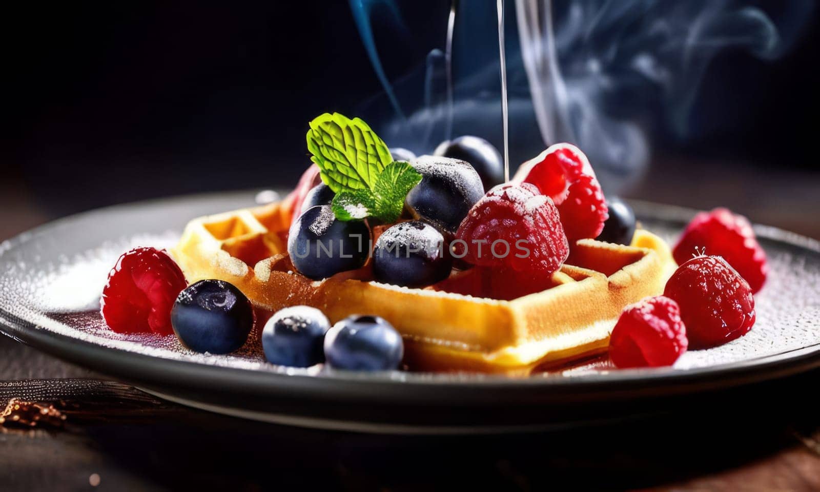 Irresistible plate of waffles bursting with fresh strawberries, blueberries, and raspberries. Sweet syrup enhances flavor, perfect for catering advertisements and culinary promotions