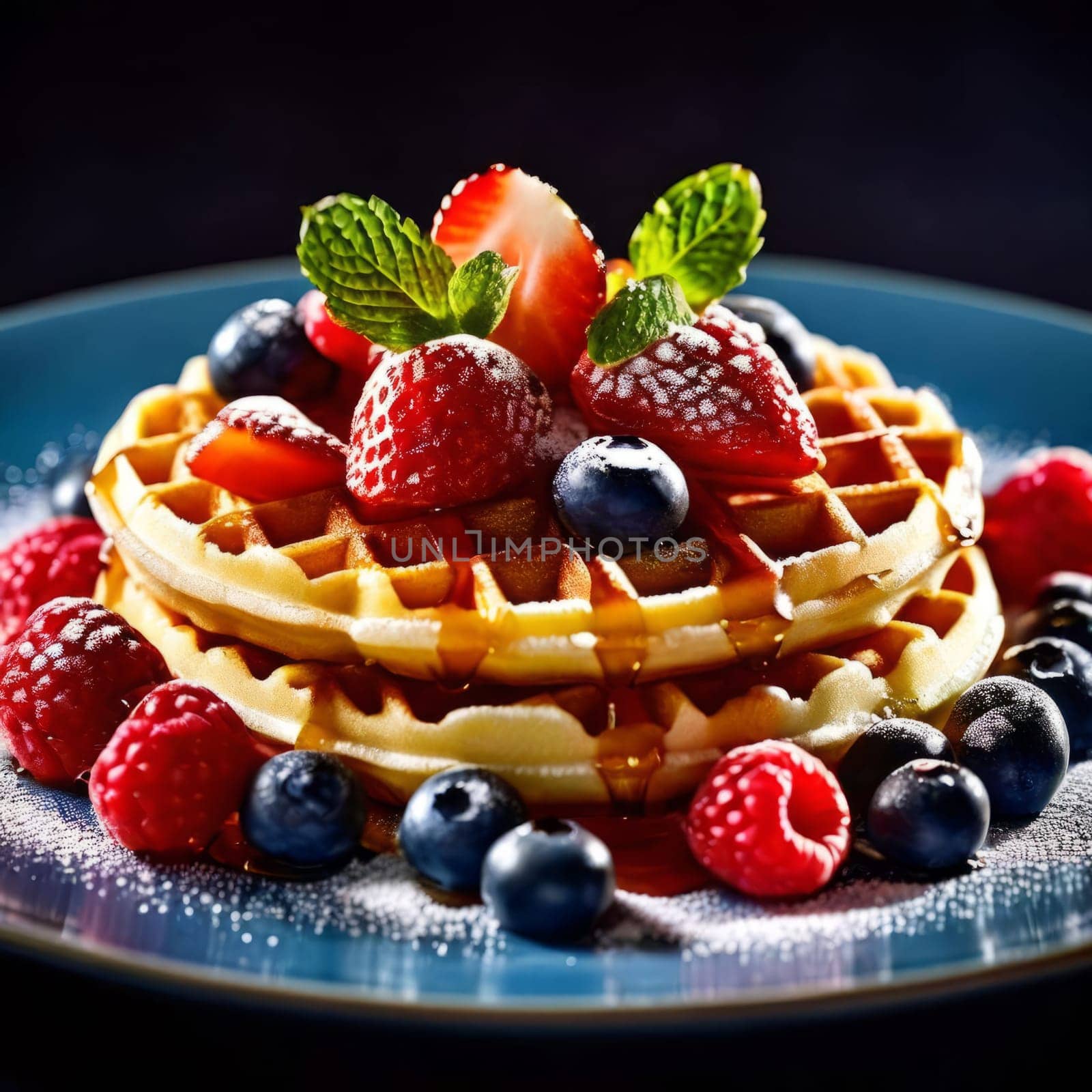 Irresistible plate of waffles bursting with fresh strawberries, blueberries, and raspberries. Sweet syrup enhances flavor, perfect for catering advertisements and culinary promotions