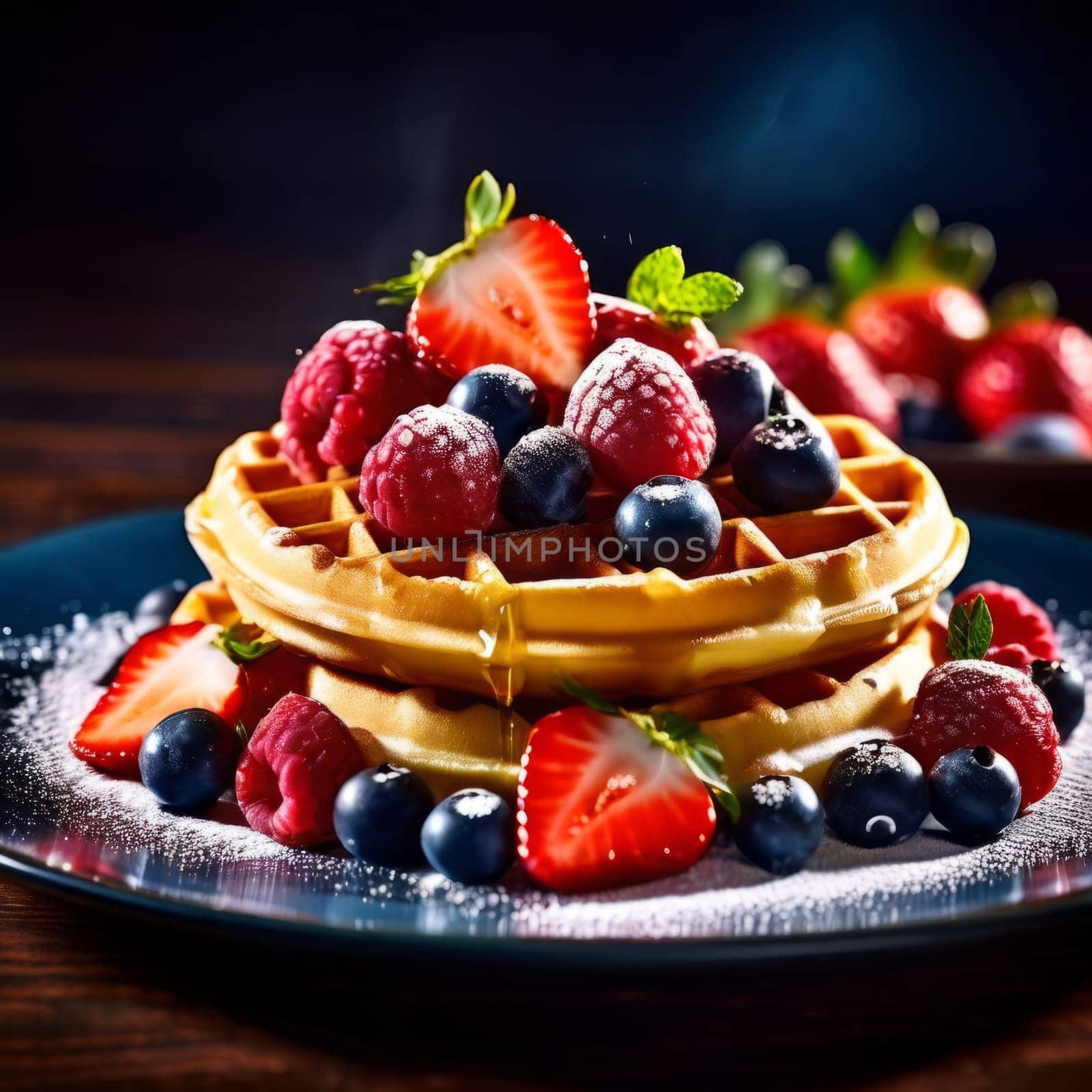 Golden waffles topped with fresh strawberries, blueberries, and raspberries. Light dusting of powdered sugar and mint leaves create a vibrant, inviting breakfast scene perfect for food lovers