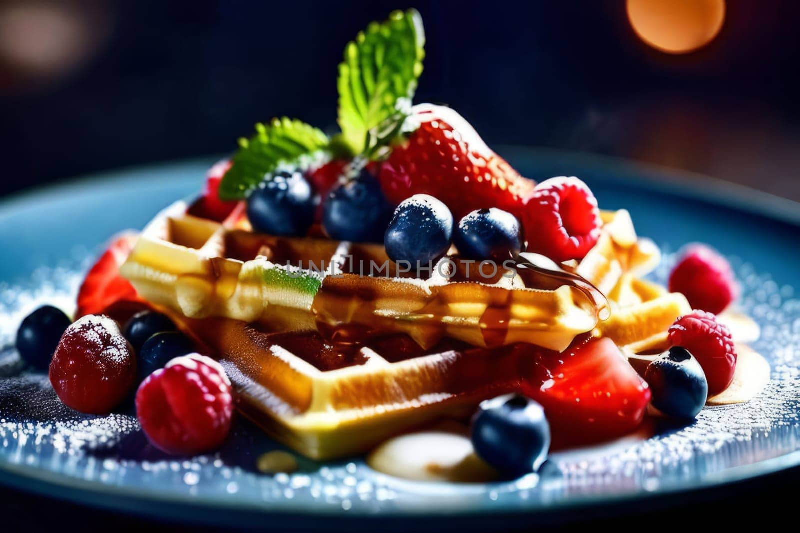 Golden waffles topped with fresh strawberries, blueberries, and raspberries. Light dusting of powdered sugar and mint leaves create a vibrant, inviting breakfast scene perfect for food lovers
