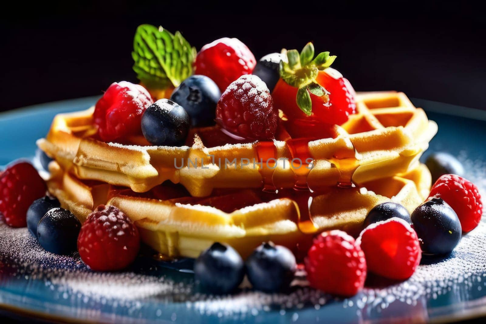 Golden waffles topped with fresh strawberries, blueberries, and raspberries. Light dusting of powdered sugar and mint leaves create a vibrant, inviting breakfast scene perfect for food lovers