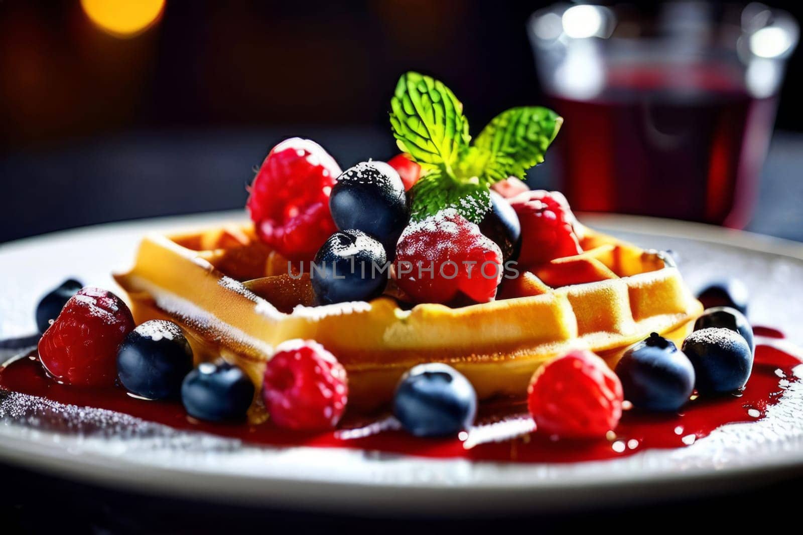 Delicious waffles served on a blue plate, adorned with colorful berries and drizzled with syrup. Bright presentation captures attention, ideal for brunch menus and culinary blogs
