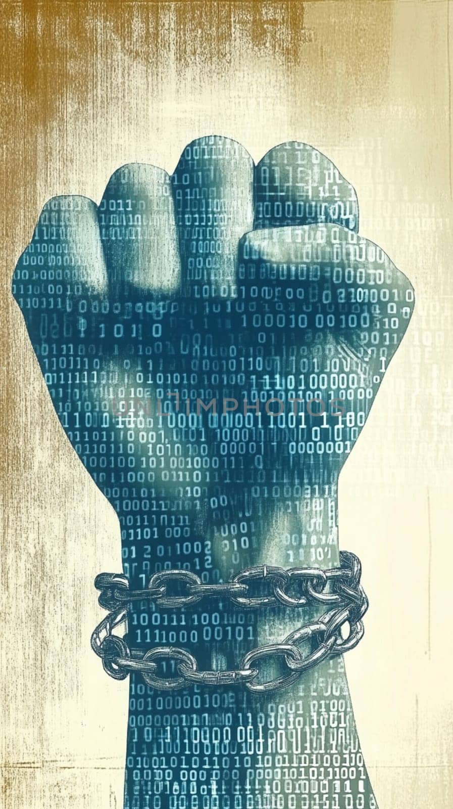 Fist covered with binary code is breaking free from chains in a conceptual image about digital freedom and breaking censorship