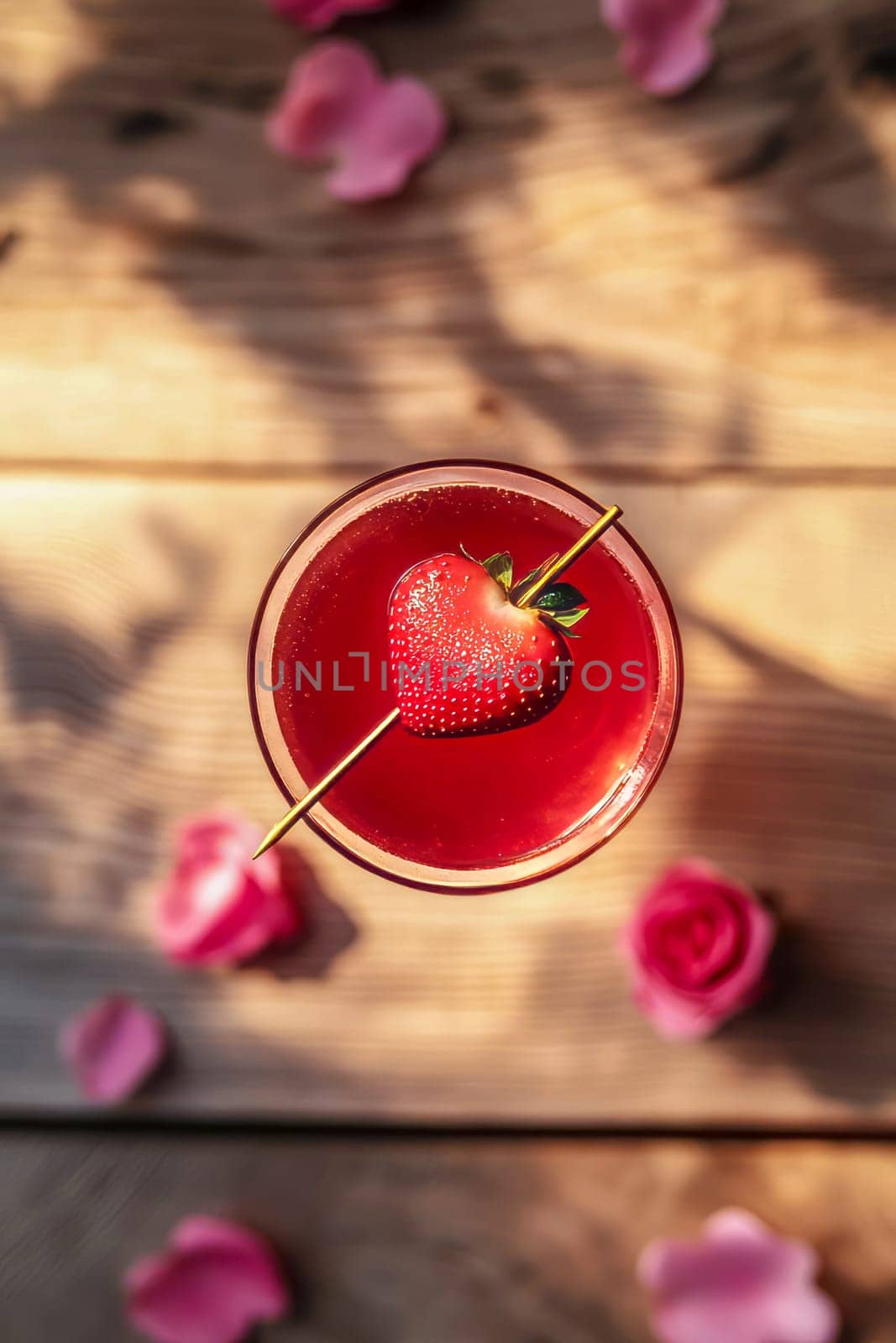A charming Valentine's Day cocktail with bright red shades, decorated with a slice of strawberry in the shape of a heart.